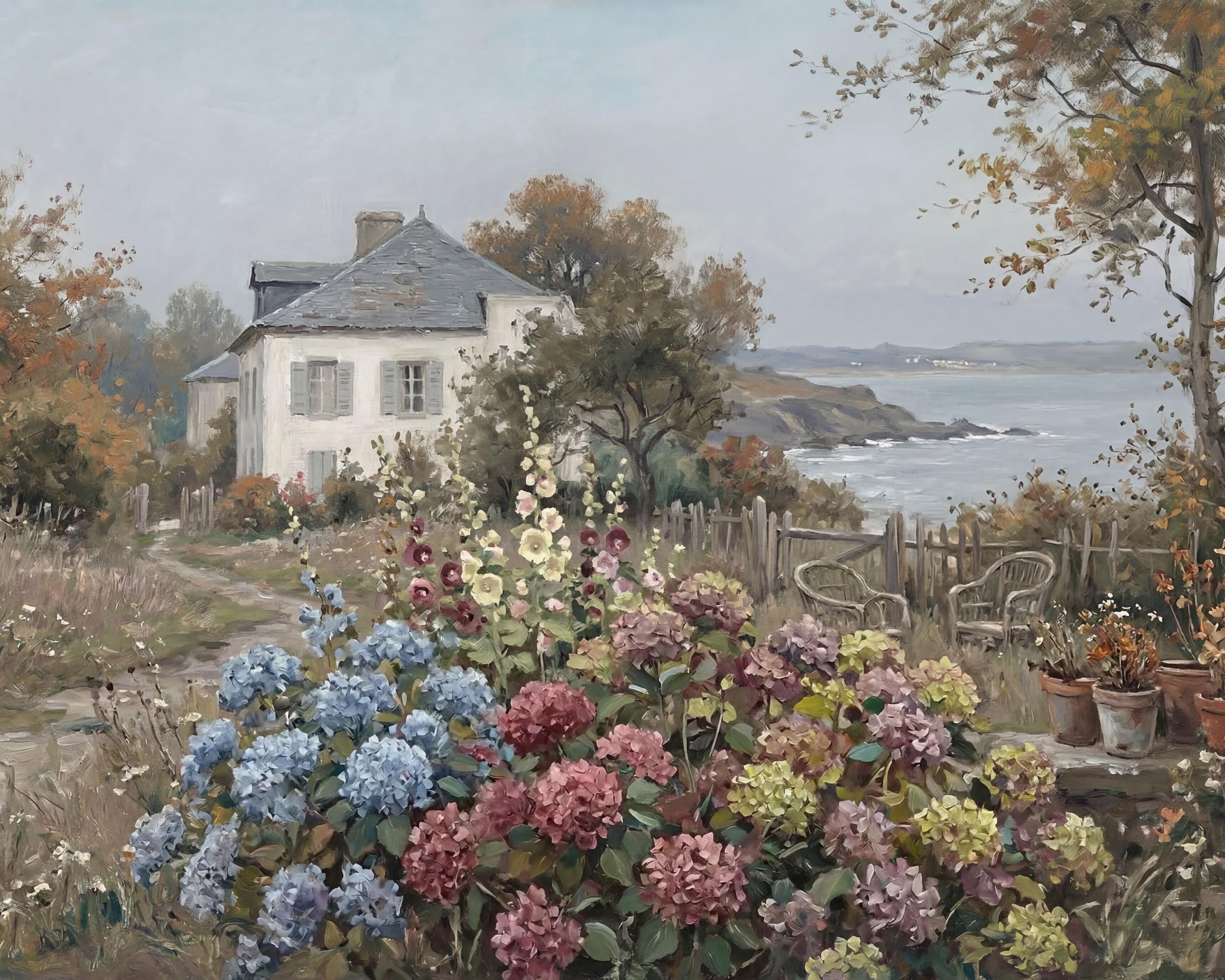 Coastal Cottage Garden Wall Art, Hydrangea Seaside Floral Landscape Print, Vintage Coastal (Digital Download) — image 2