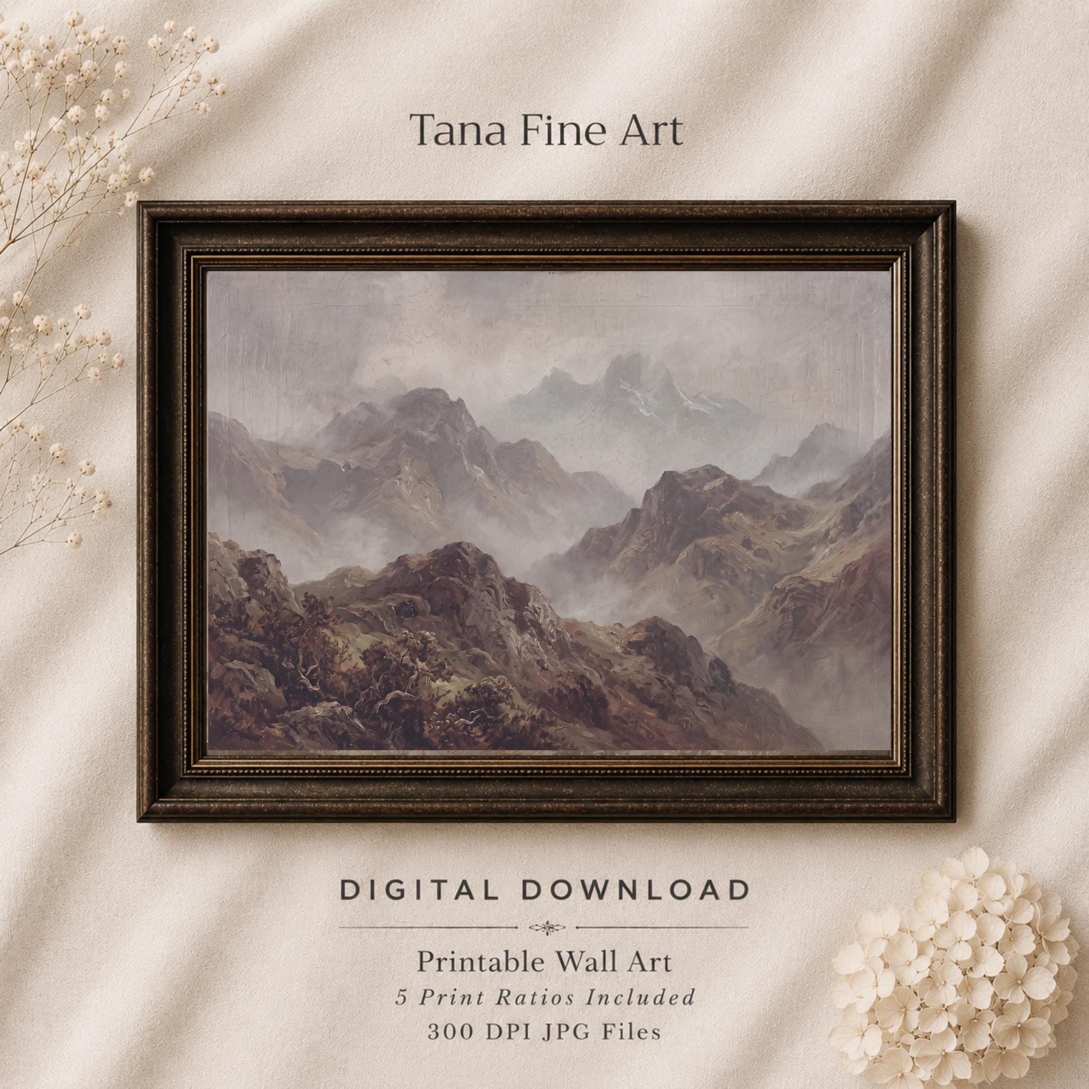 Rustic Mountain Wall Art, Vintage Misty Alpine Landscape, Earthy Wilderness Home Decor, Digital Download