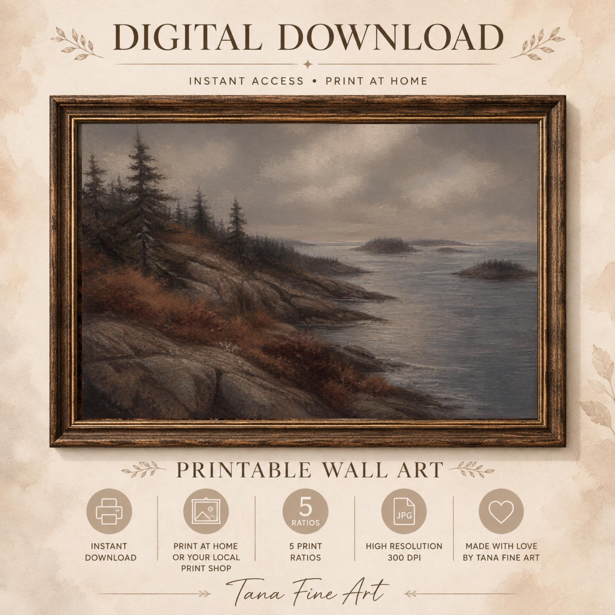 Vintage Coastal Wall Art | Moody Seascape Landscape Print | Rocky Shore Printable Digital Download — image 4