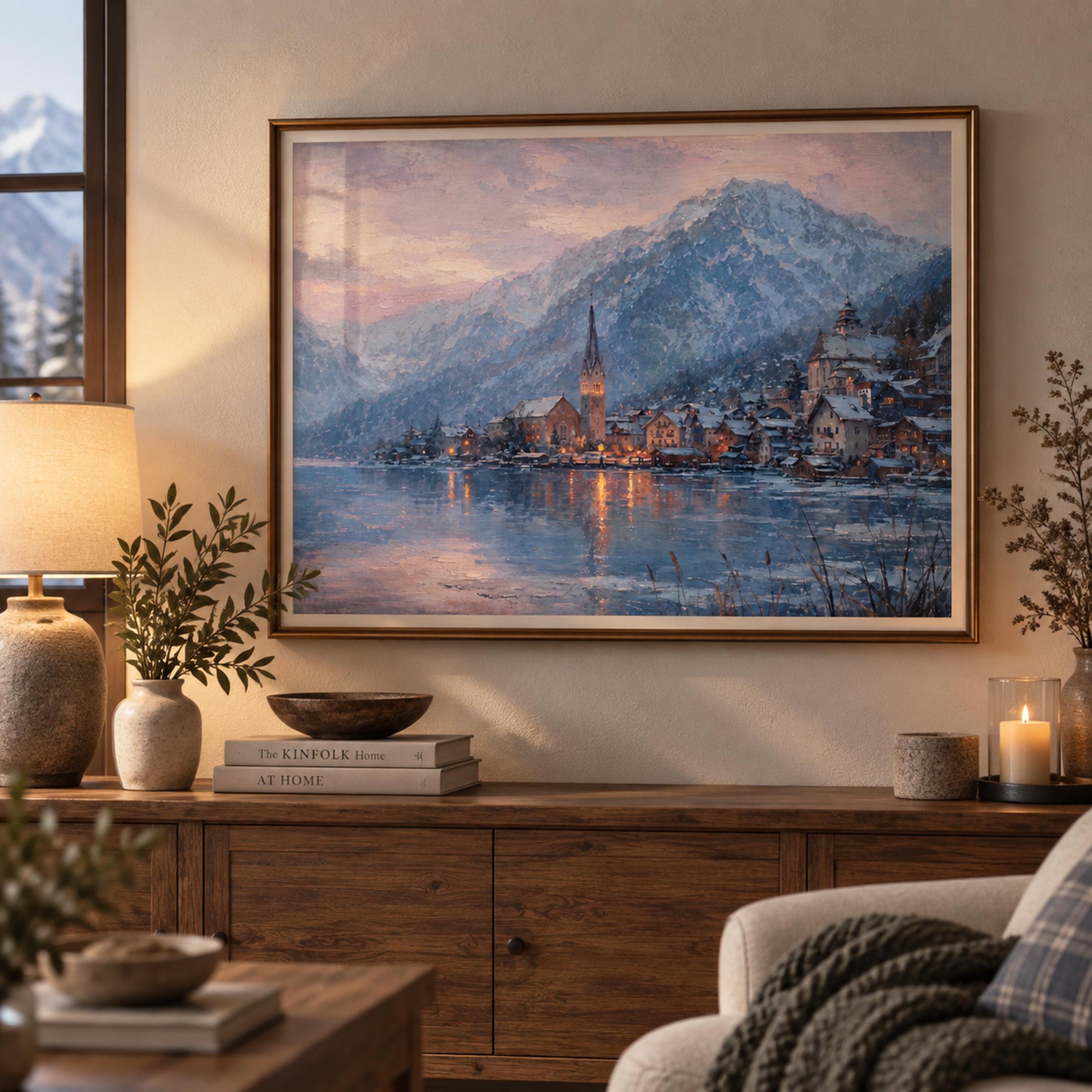 Hallstatt-Inspired Lake at a Pink Winter Horizon — image 3