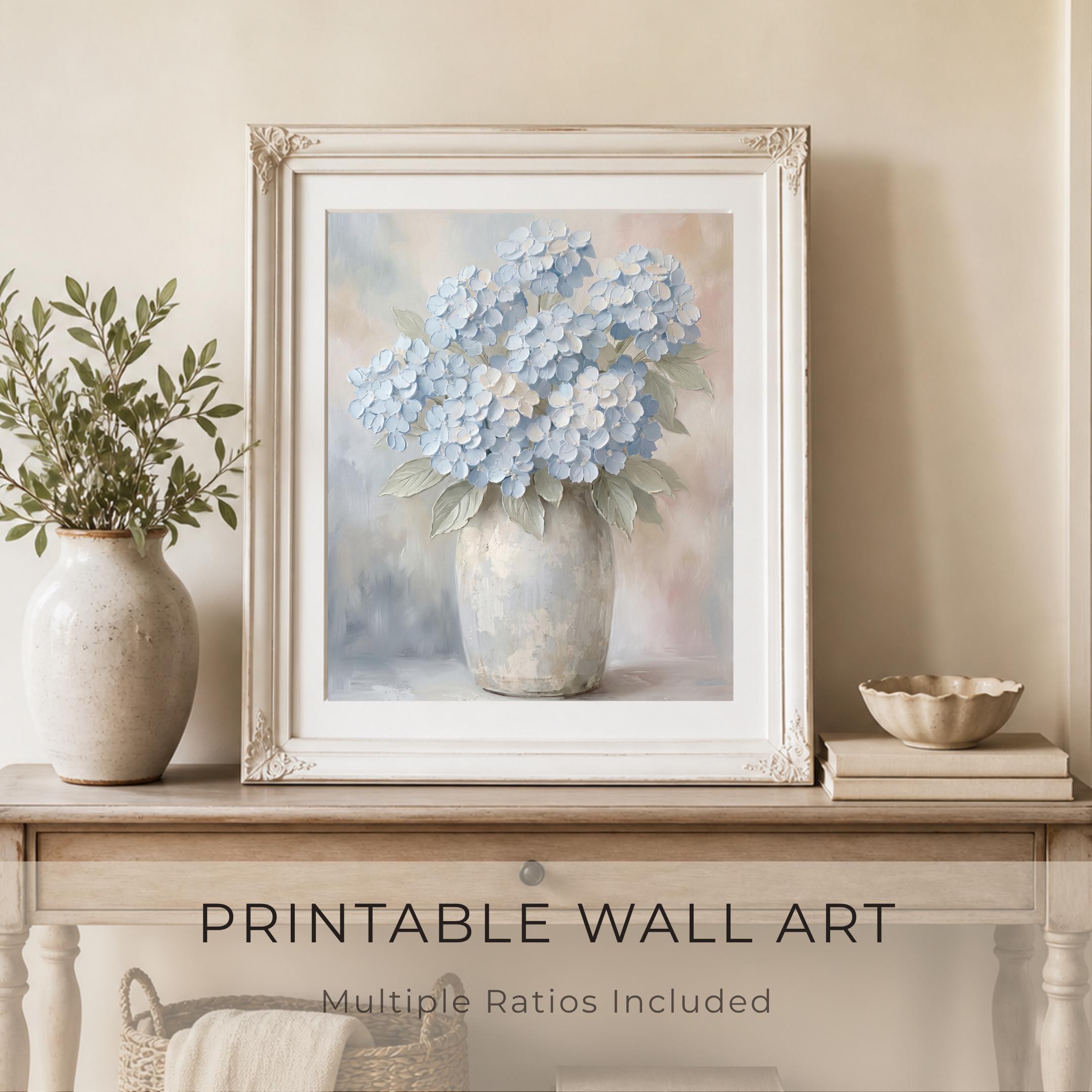 Blue Hydrangea Wall Art Printable | Neutral Floral Print | Floral Vase Decor (Digital Download)