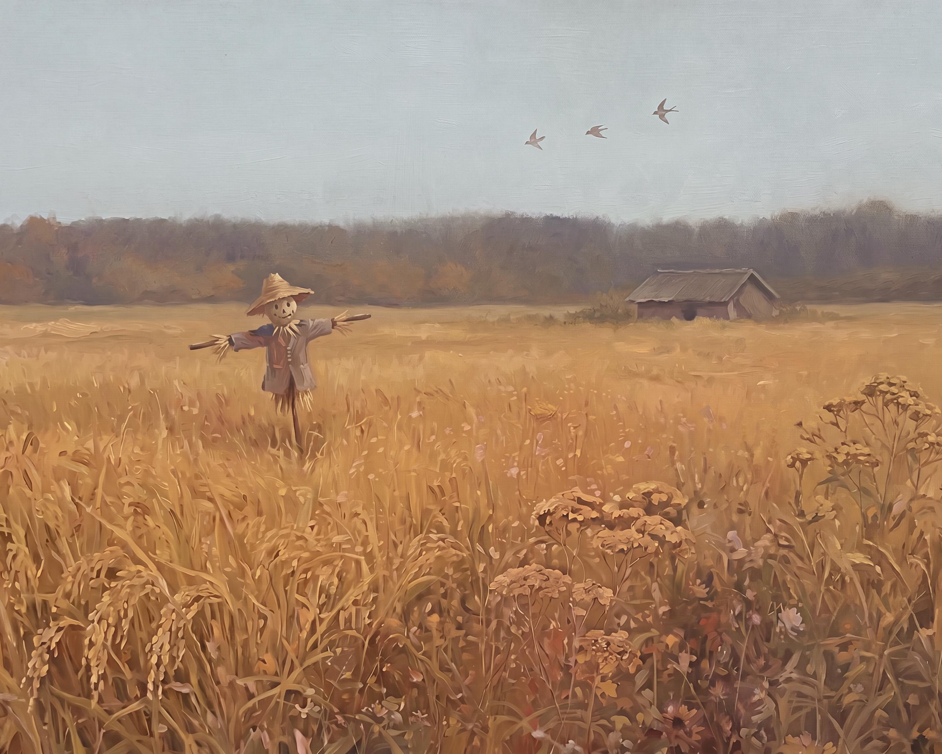 Fall Harvest Field Wall Art, Scarecrow Autumn Landscape Print, Rustic Farmhouse Decor (Digital Download) — image 2