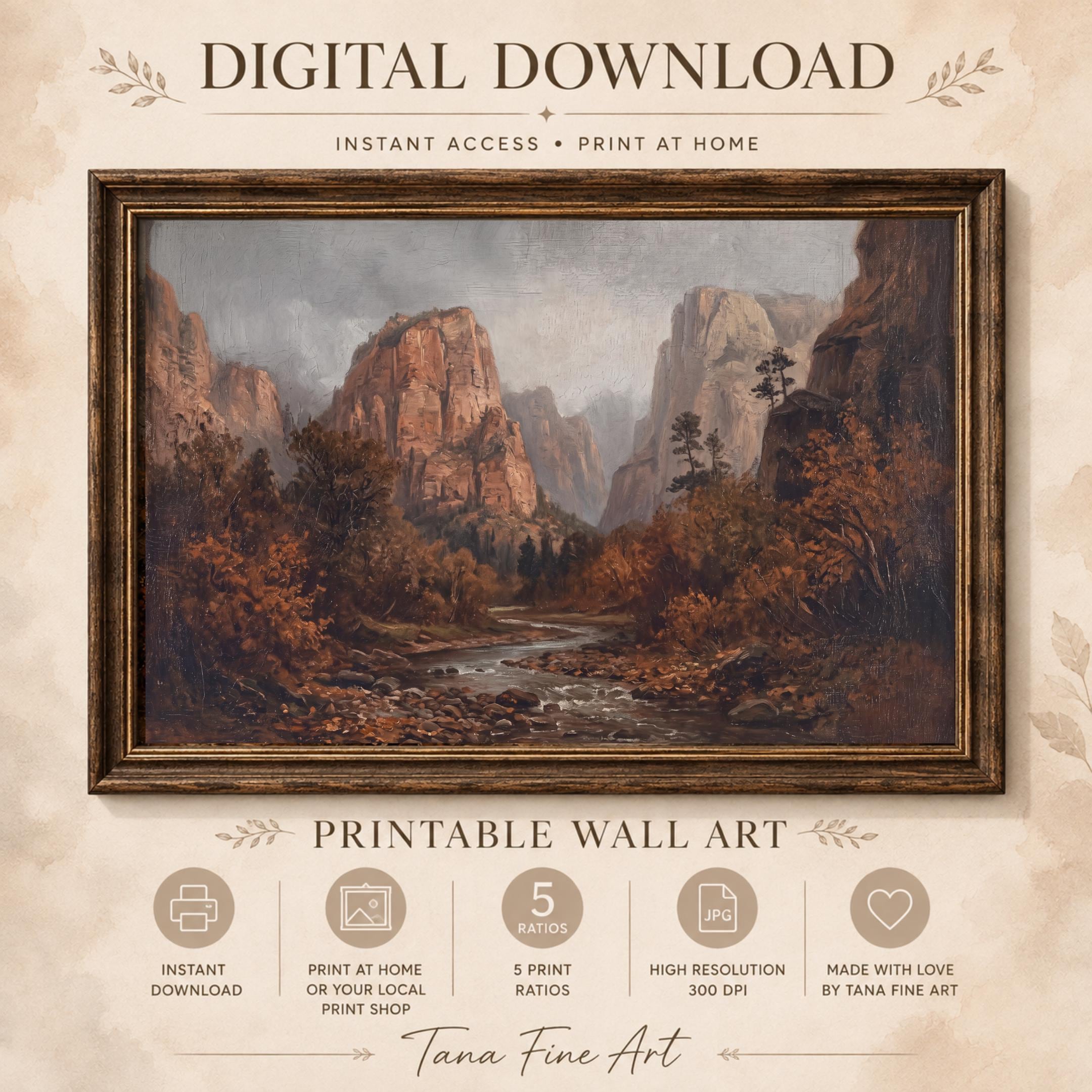 Fall Canyon Wall Art | Moody River Landscape Print | Vintage Nature Printable Digital Download