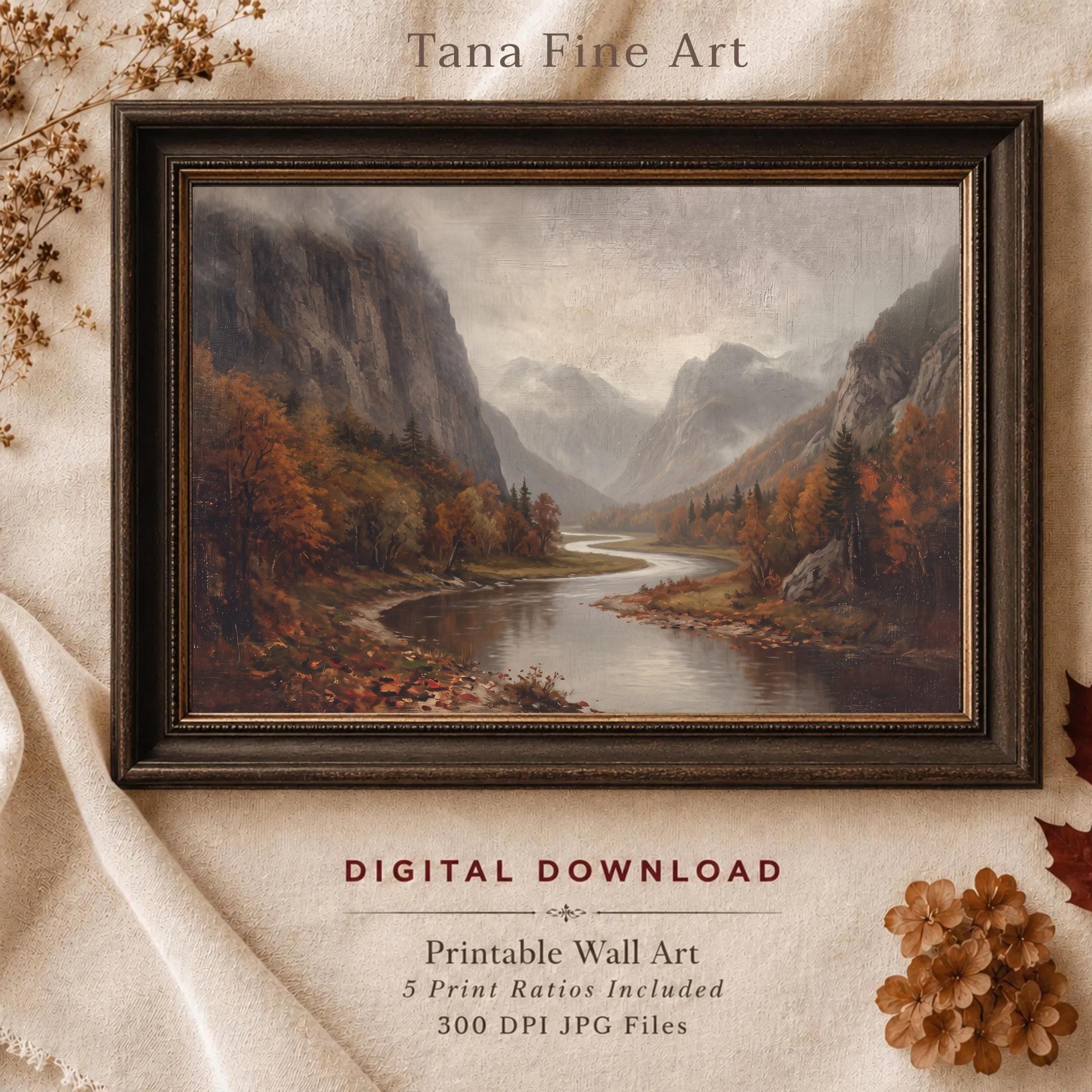 Autumn Mountain Printable Wall Art, Moody River Valley Landscape, Rustic Decor Digital Download