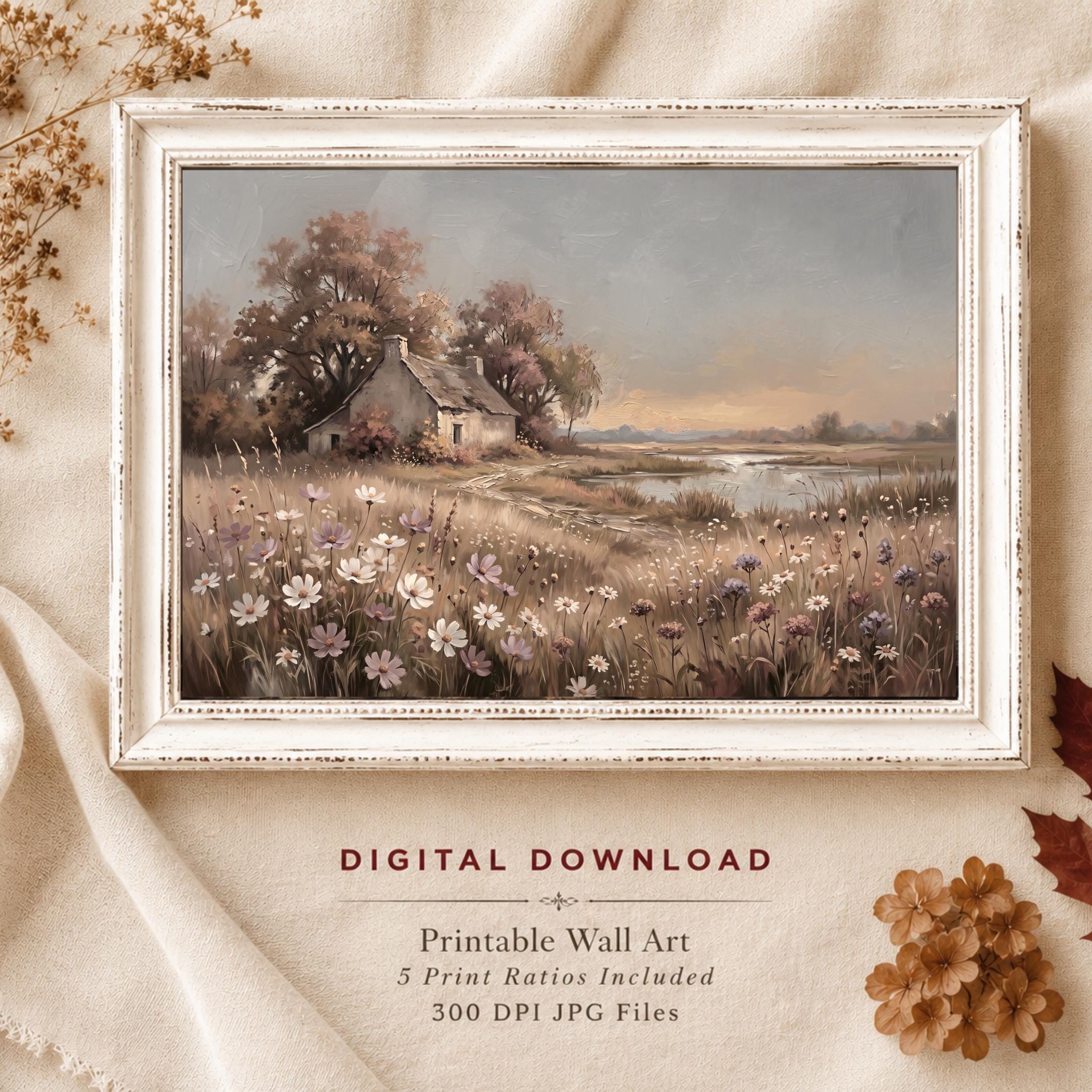 Autumn Cottage Landscape Printable Wall Art, Neutral Wildflower Meadow Rustic Home Decor Digital Download