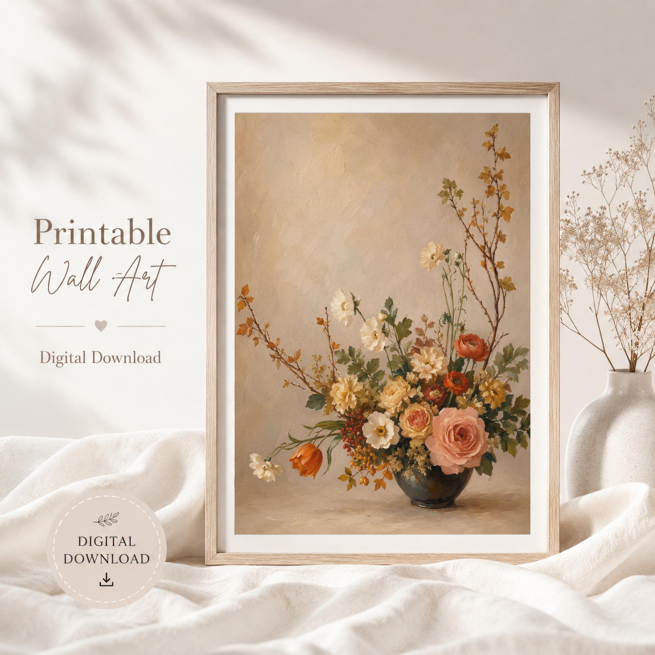 Fall Floral Bouquet Art, Blush Rose Ranunculus Still Life, Autumn Flower Decor (Digital Download) — image 9
