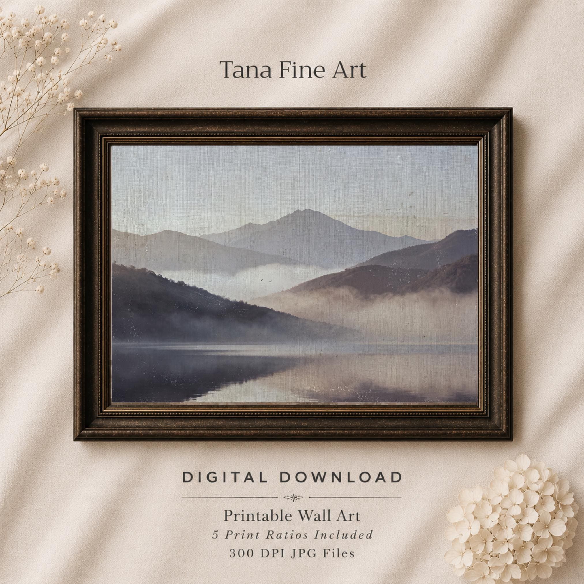 Misty Mountain Lake Printable Wall Art, Moody Neutral Landscape, Serene Bedroom Decor Digital Download