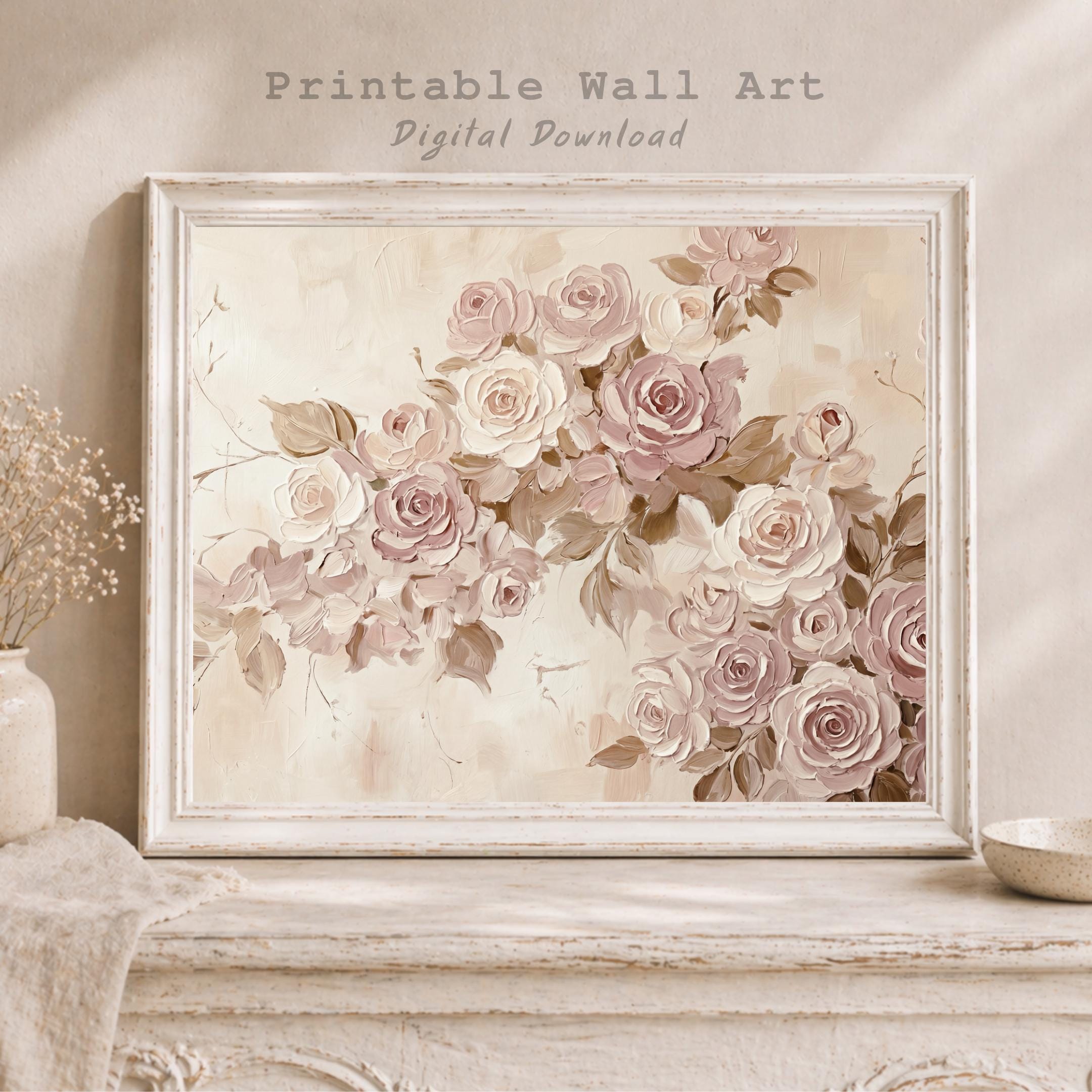 Spring Rose Wall Art Printable For Living Room , Romantic Neutral Floral (Digital Download)