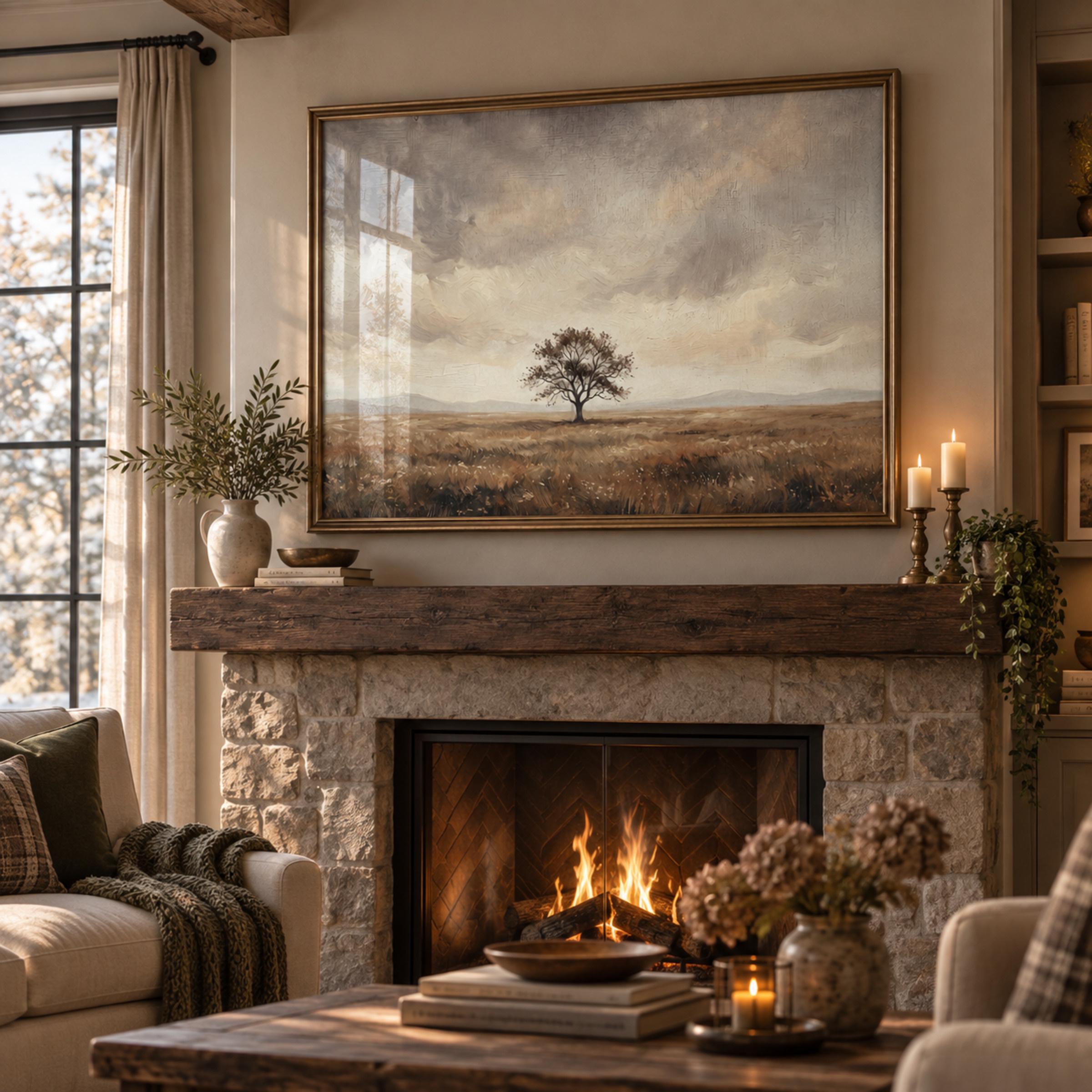 Solitary Tree Printable Wall Art, Vintage Meadow Landscape, Neutral Earthy Rustic Farmhouse Digital Download — image 3
