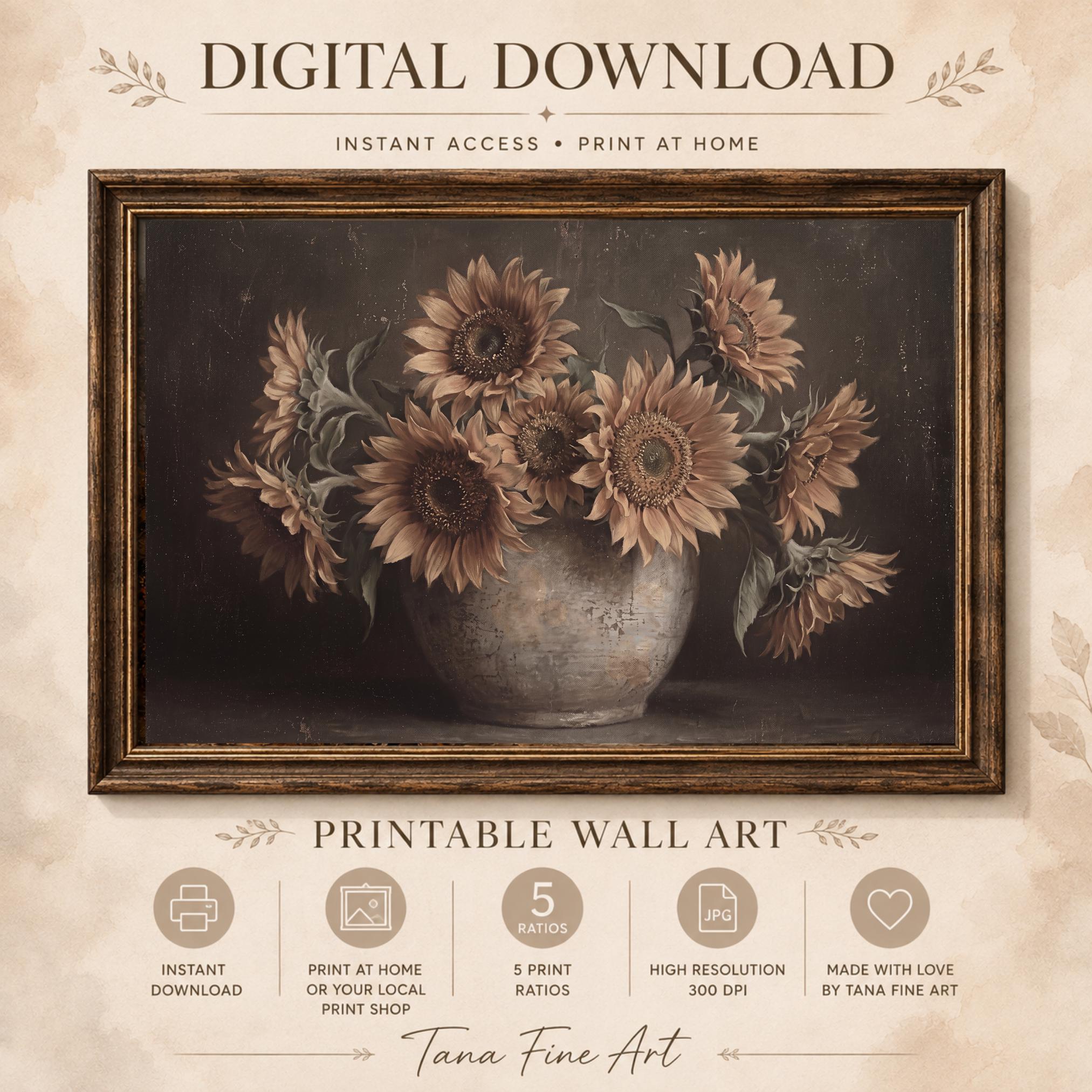Moody Sunflower Vase Printable Wall Art, Dark Rustic Floral Farmhouse Kitchen Decor Digital Download — image 7