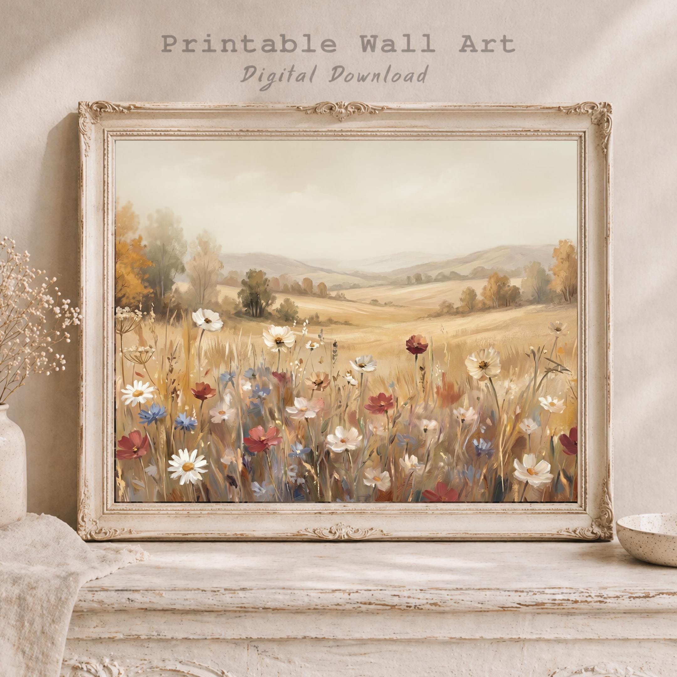 Neutral Floral Print, Wildflower Meadow Landscape Wall Art, Soft Cottage Nature Prints (Digital Download)