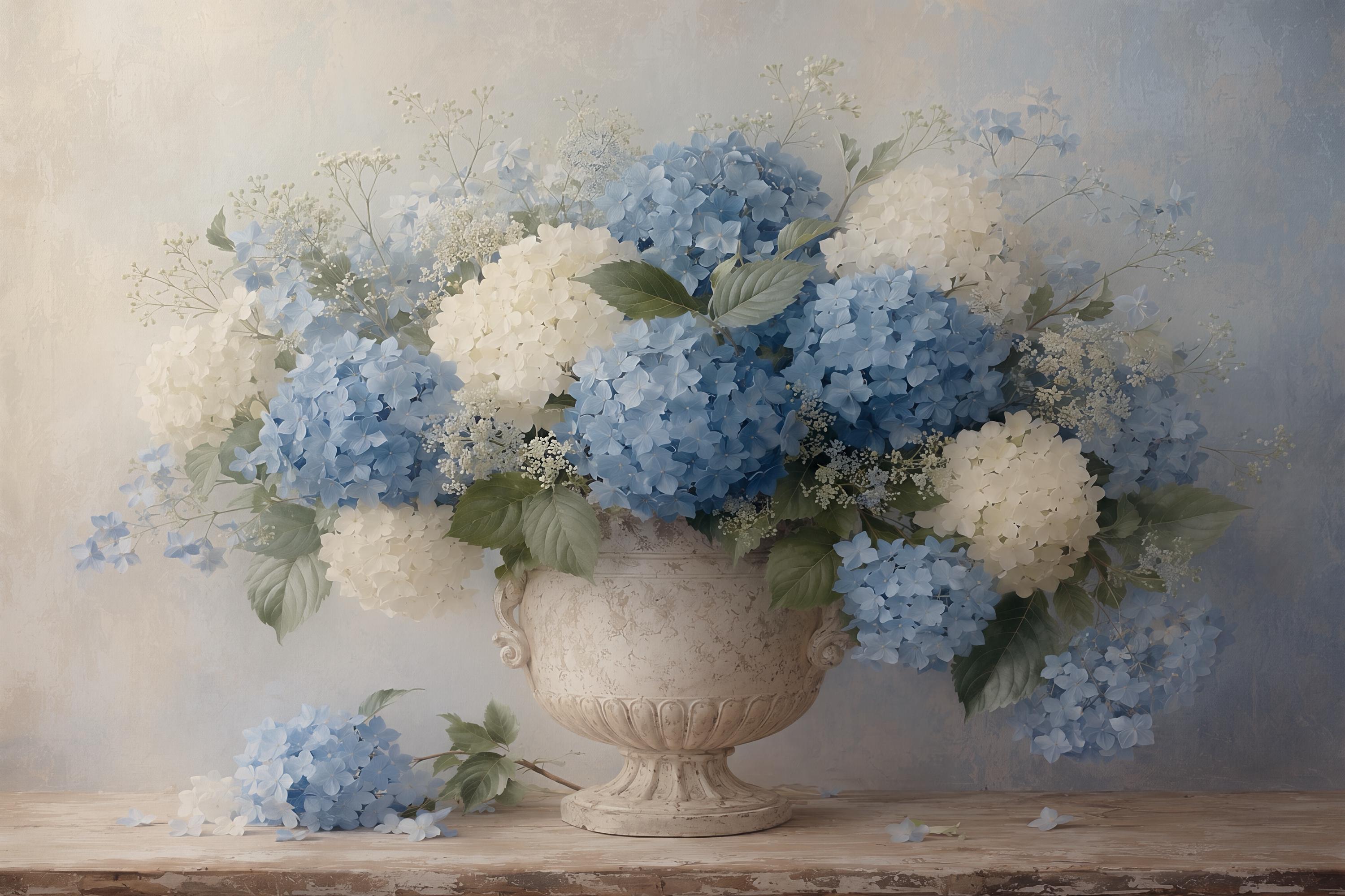 Neutral Floral Prints, Blue Hydrangea Aged French Stone Urn, Floral Vase Print (Digital Download) — image 2