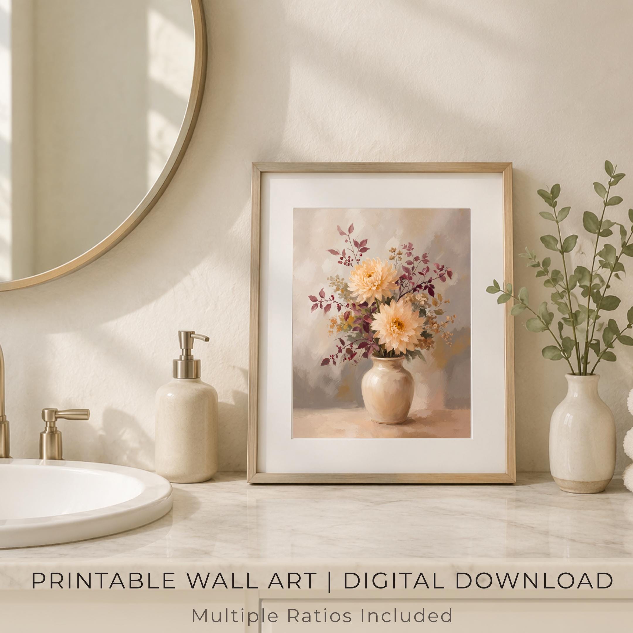 Autumn Dahlia Wall Art, Cream Floral, Neutral Fall Flower Painting, Vintage Farmhouse (Digital Download) — image 10