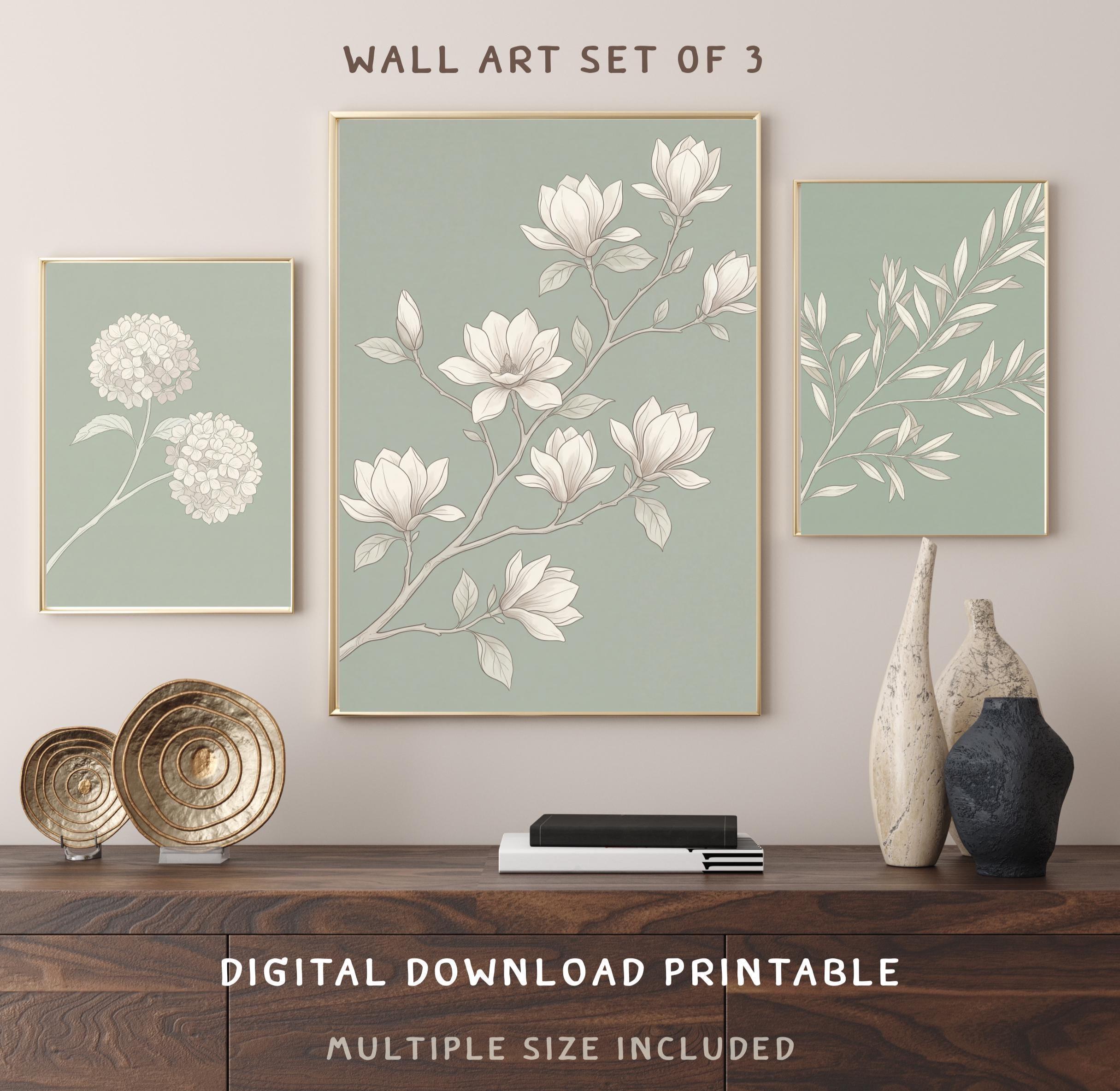 Botanical Sage Green Wall Art Set of 3 | Magnolia Hydrangea Leaf Decor (Digital Download)