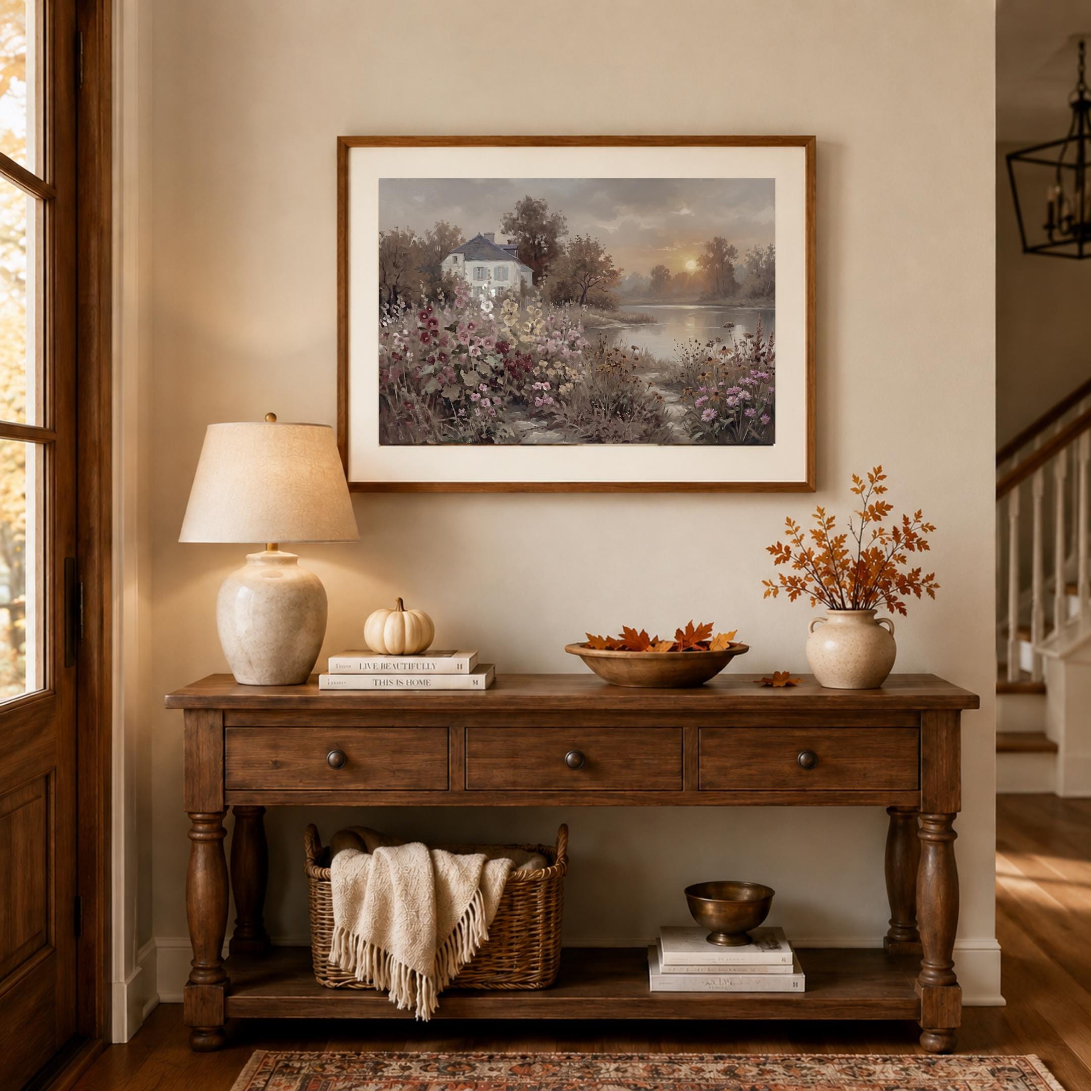 Moody Country Cottage Garden Wall Art, Lake Landscape Print, Vintage Farmhouse Decor (Digital Download) — image 3