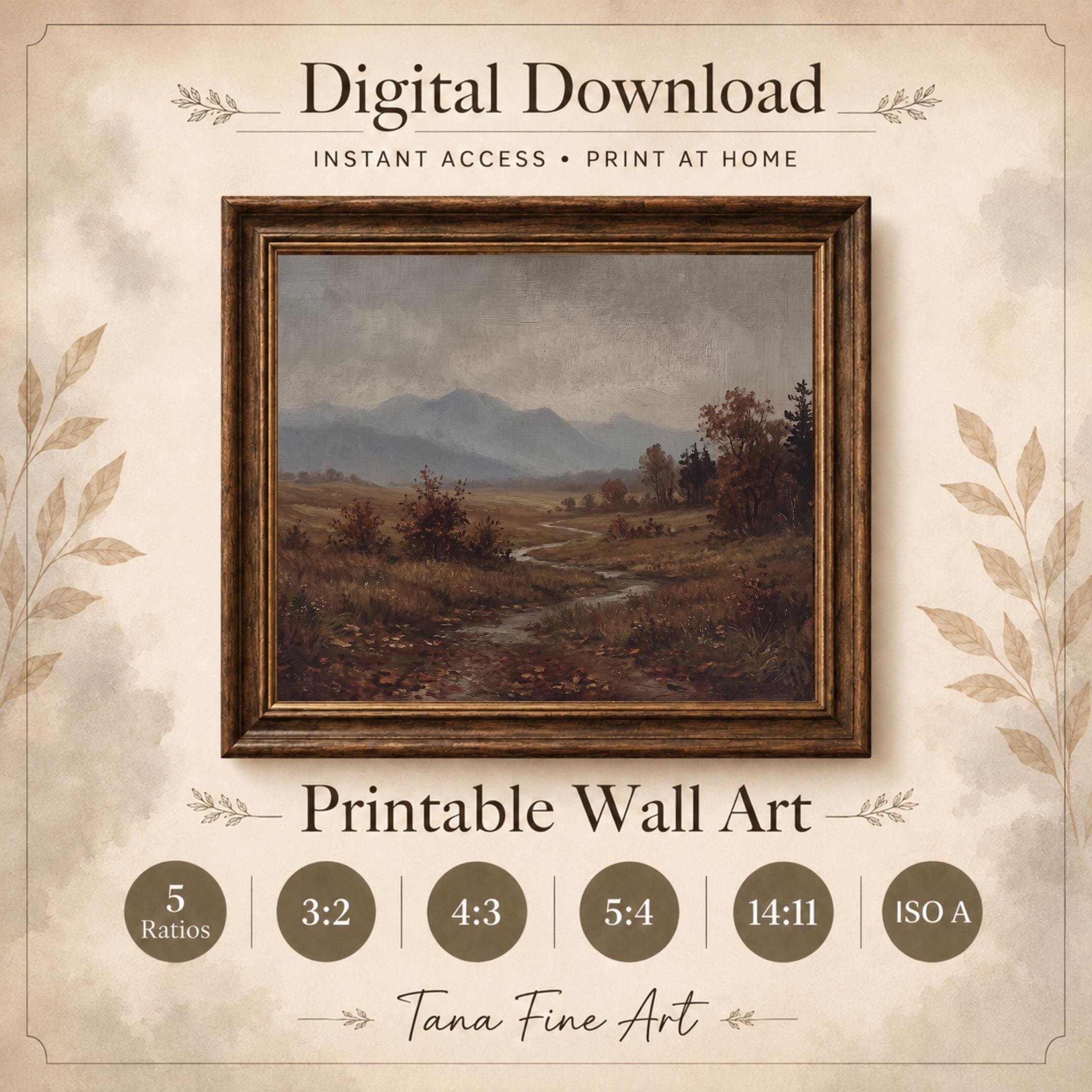 Autumn Landscape Wall Art | Fall Meadow Creek Print | Vintage Farmhouse Nature Digital Download — image 6