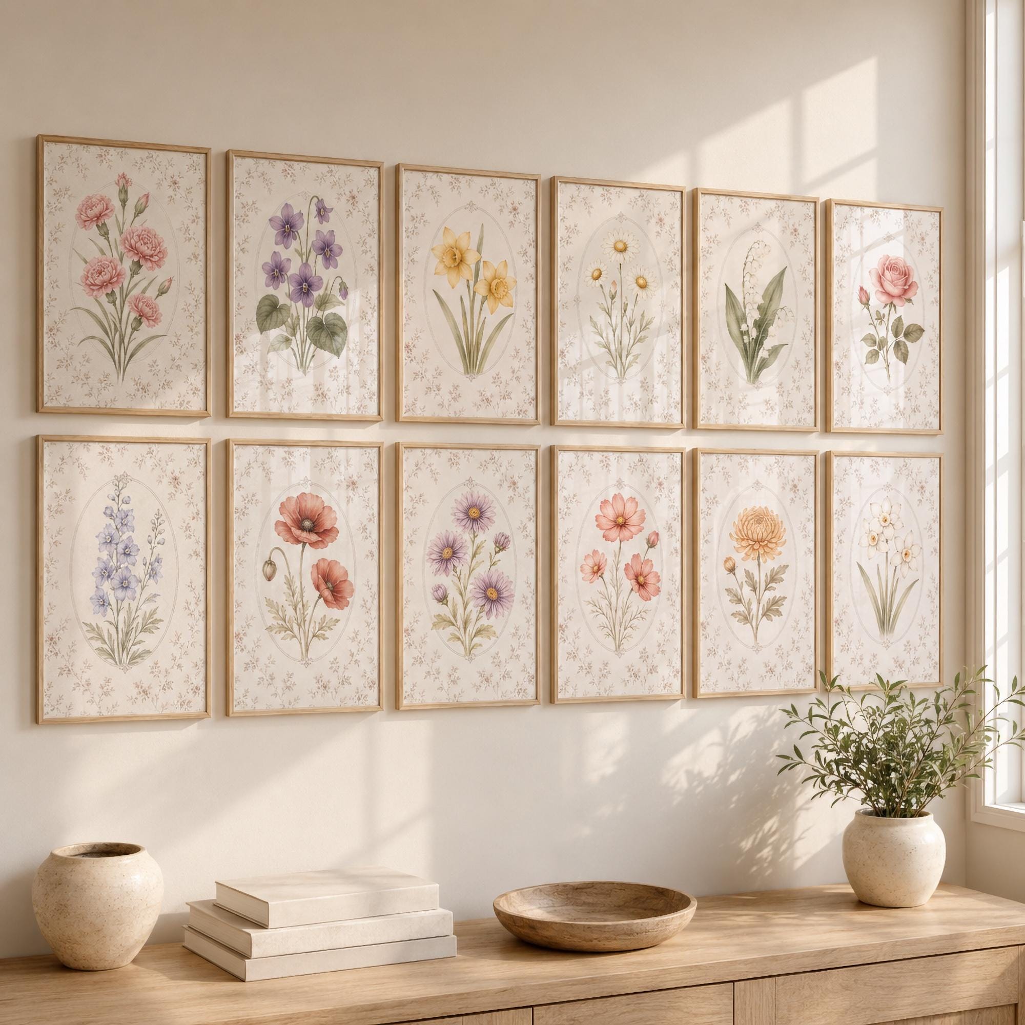 12 Month Birth Flower Wall Art Set | Vintage Floral Pattern Printable Art (Digital Download) — image 3