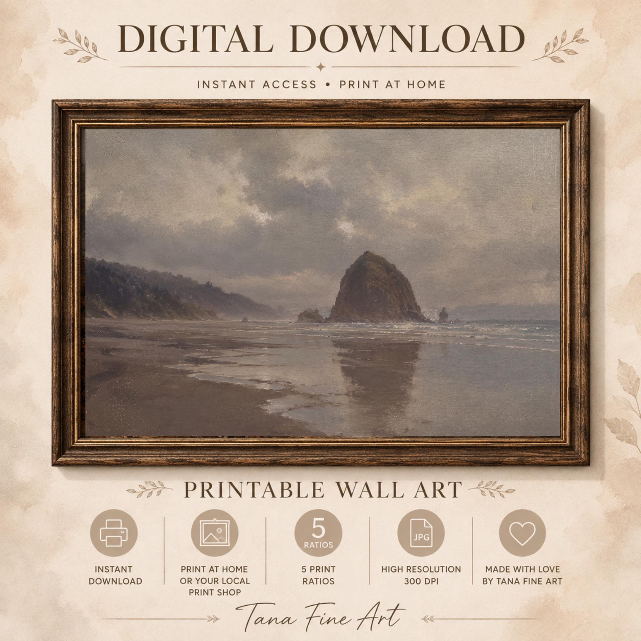 Coastal Landscape Wall Art | Cannon Beach Inspired Print | Moody Vintage Seascape Digital Download