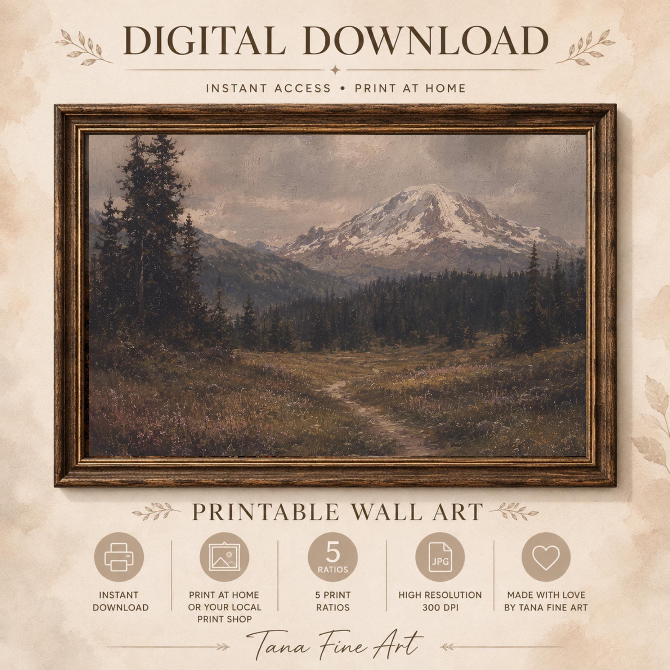 Mountain Landscape Wall Art | Mount Rainier Inspired Print | Moody Vintage Nature Digital Download — image 9