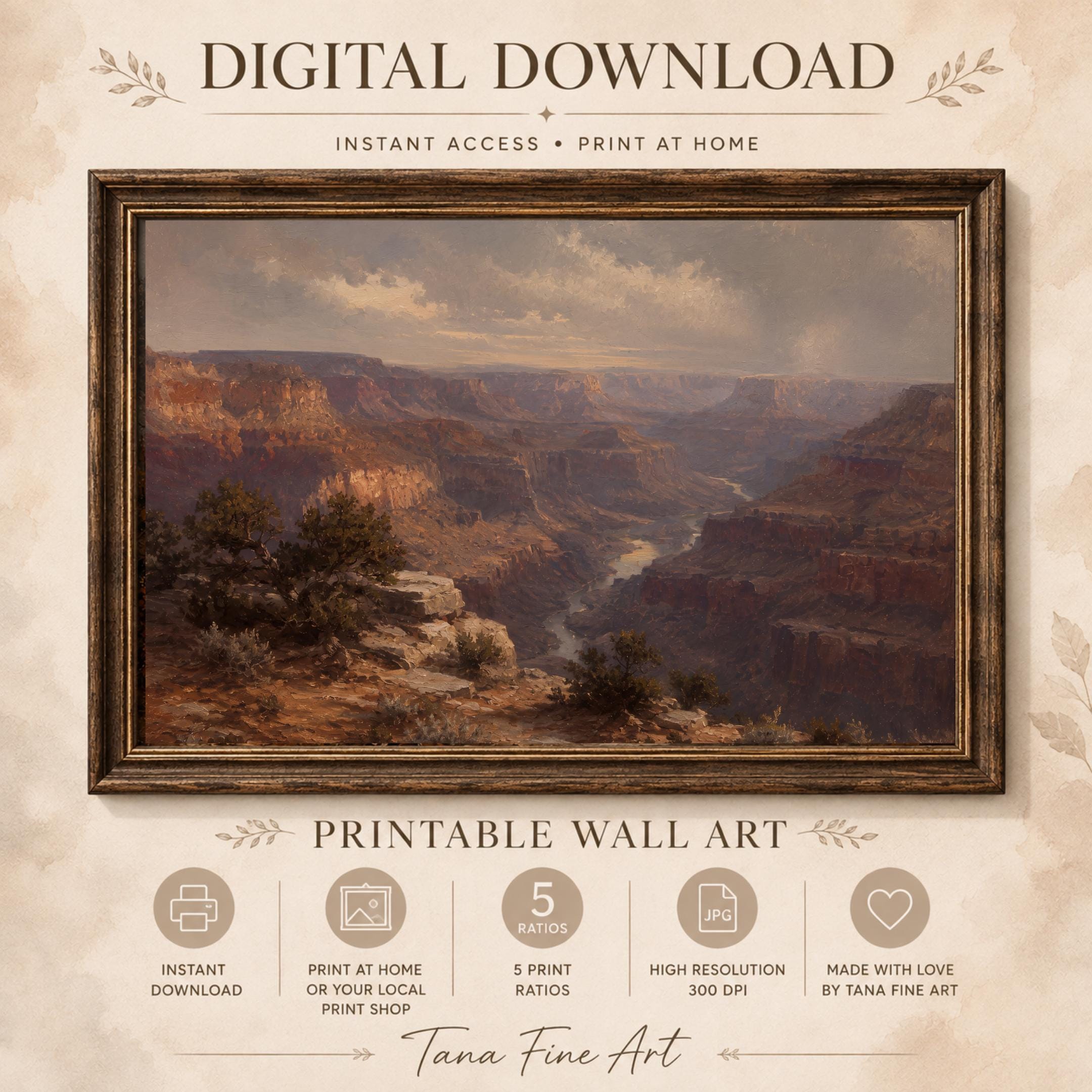 Canyon Landscape Wall Art | Moody Southwest Desert Print | Vintage Grand Canyon Inspired Digital Download