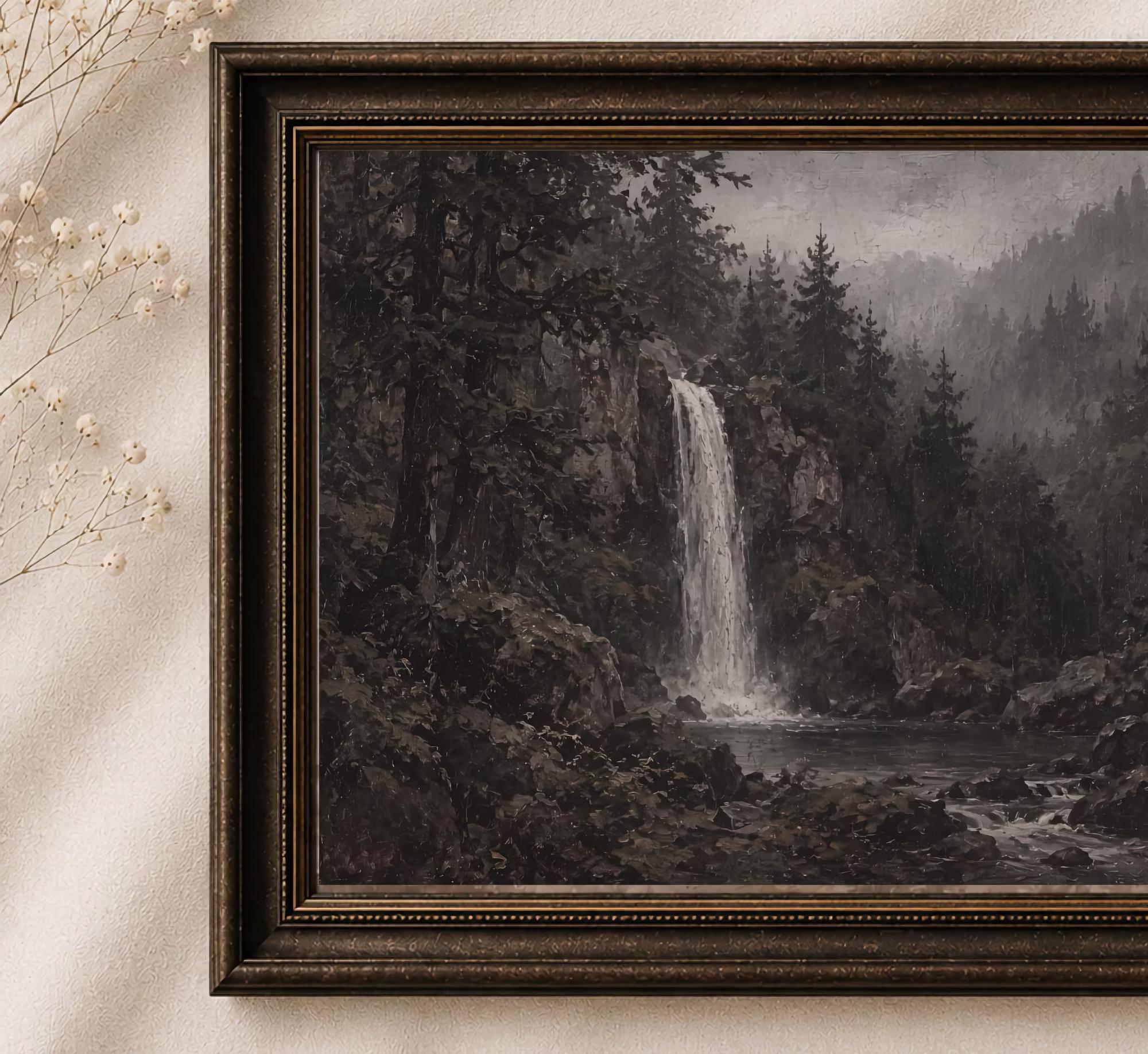 Moody Waterfall Printable Wall Art, Dark Forest Landscape, Rustic Cabin Decor Digital Download — image 2
