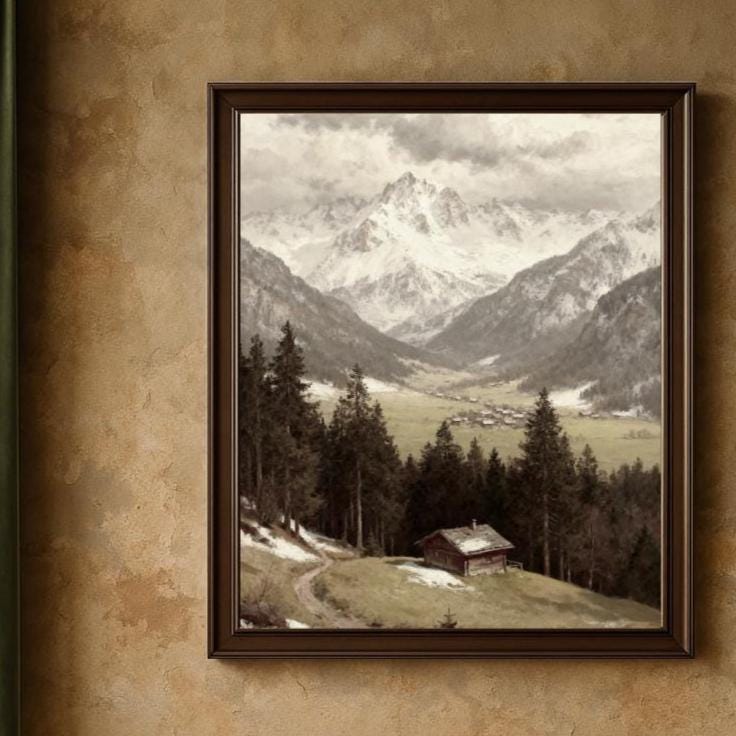 Alpine Mountain Landscape Wall Art, Rustic Cabin Valley, Vintage Paintings Nature Decor (Digital Download) — image 9