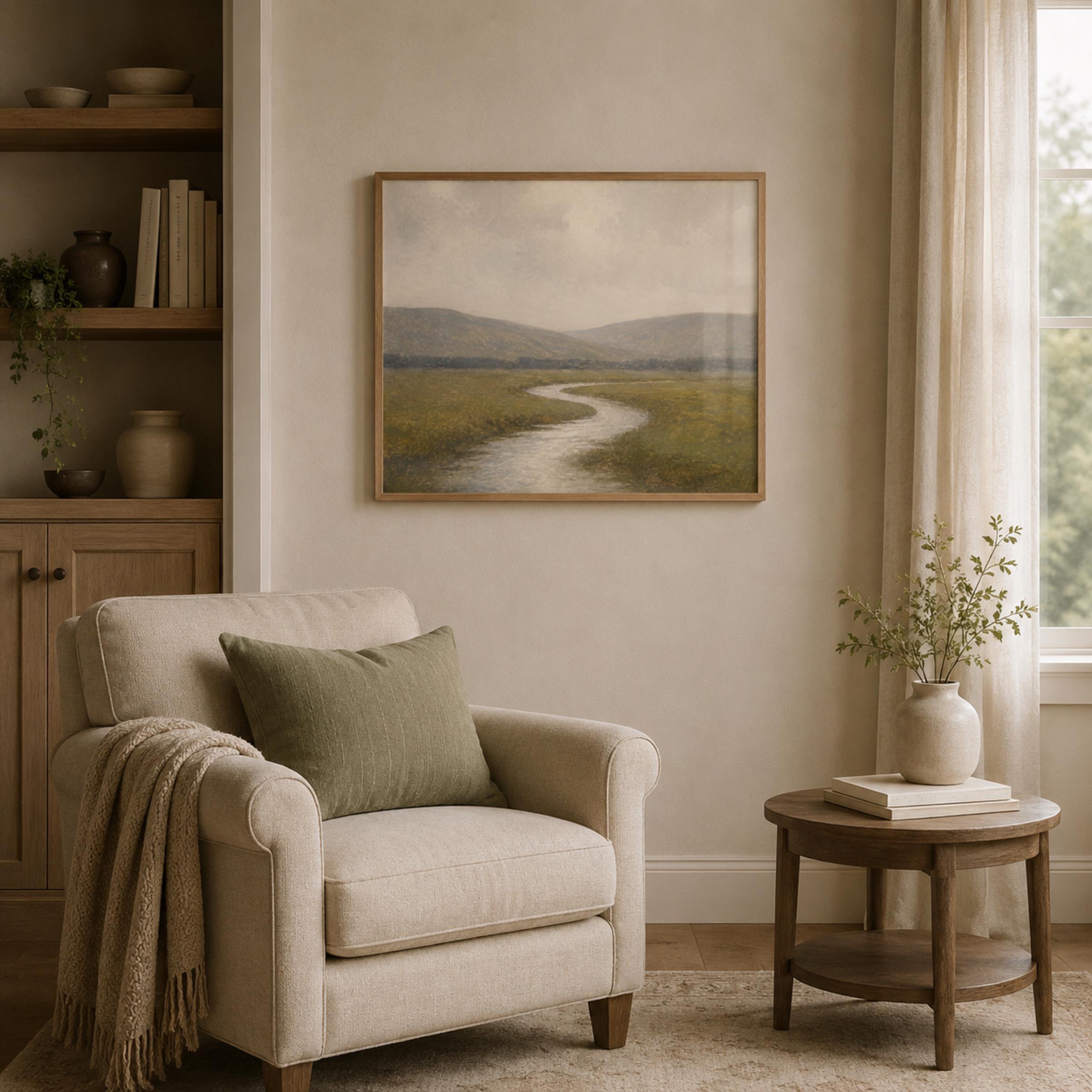 River Landscape Wall Art | Neutral Meadow Print | Vintage Nature Digital Download — image 3