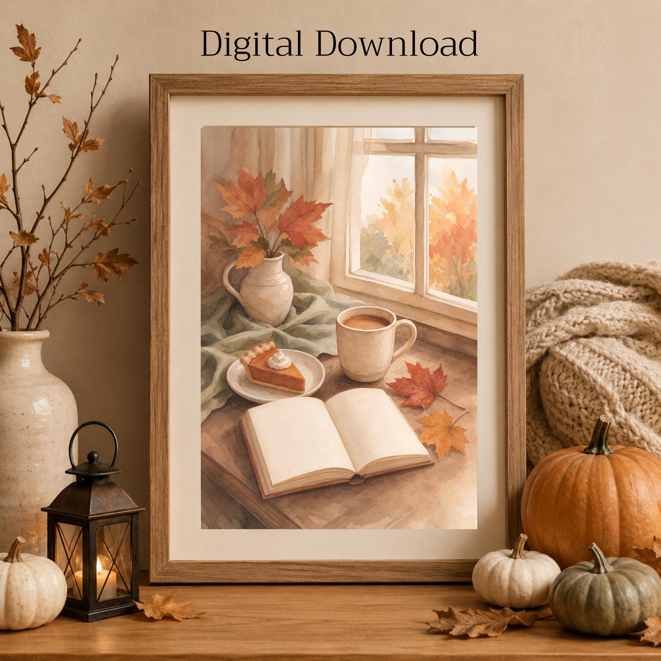 Fall Reading Nook Wall Art | Pumpkin Pie Coffee Print | Cozy Autumn Printable Digital Download