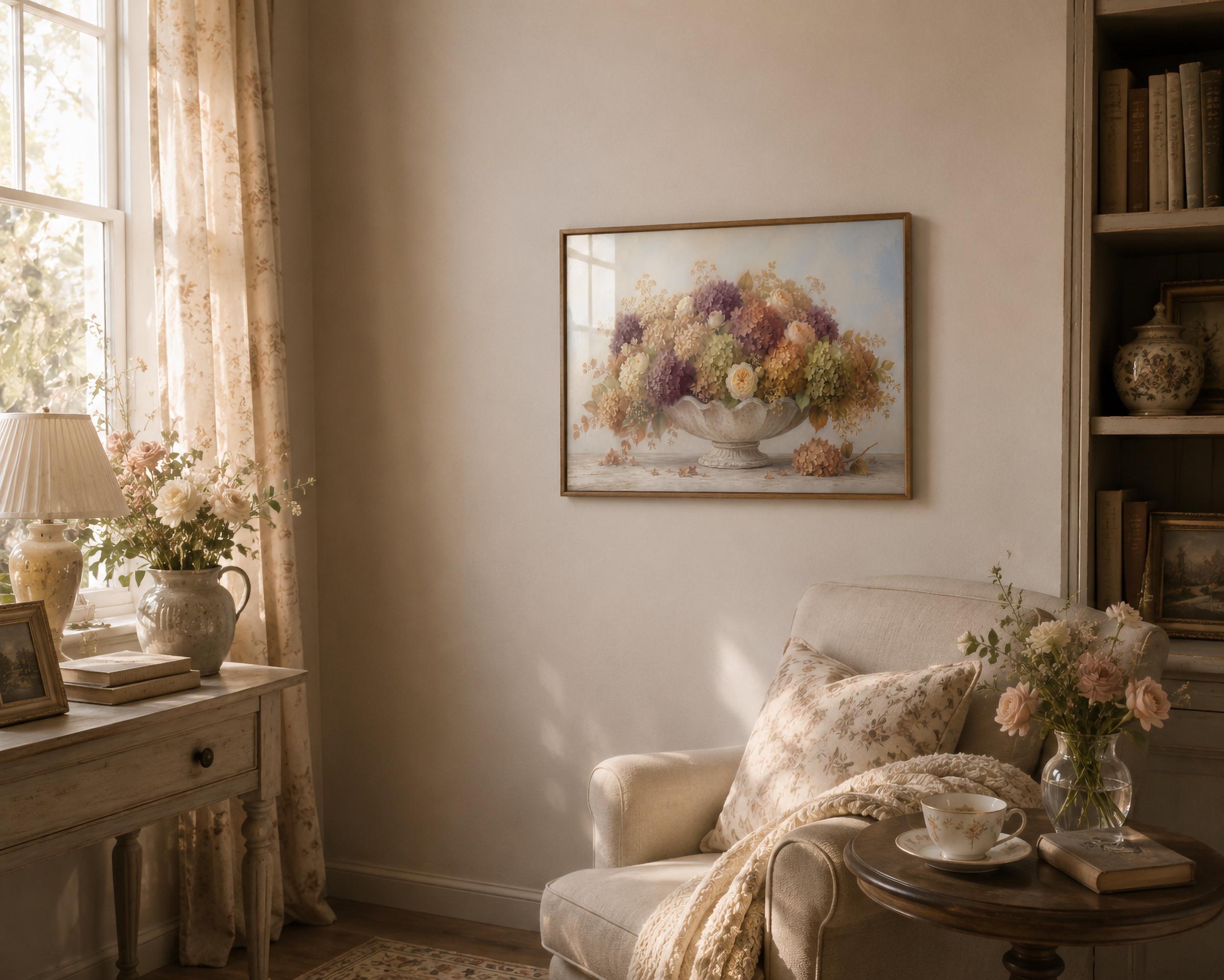 Hydrangea Fall Wall Art, Autumn Floral French Low Bowl, Muted Cottage Decor (Digital Download) — image 4
