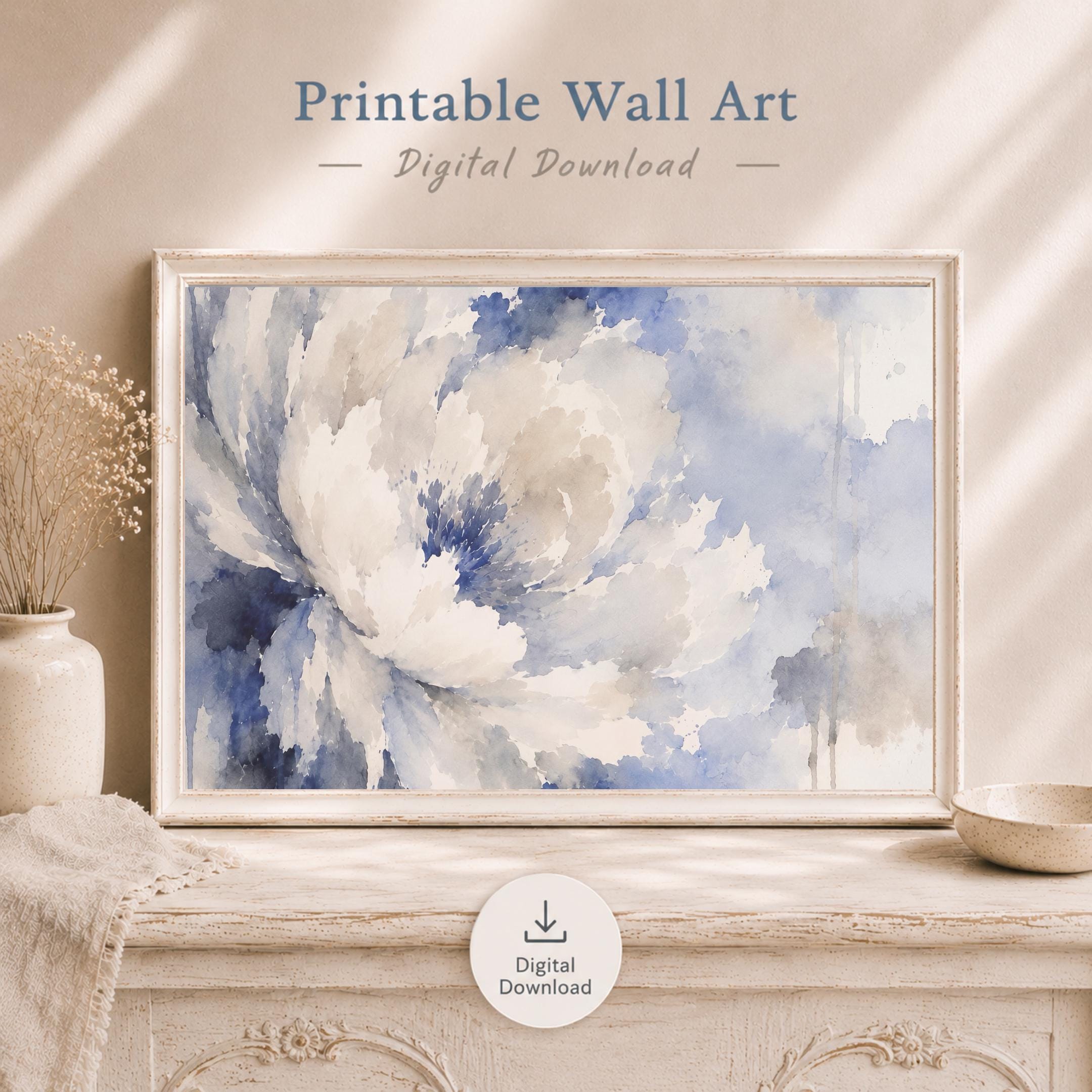 Watercolor Floral Wall Art Set of 2, Blue White Abstract Flower Prints (Digital Download) — image 6