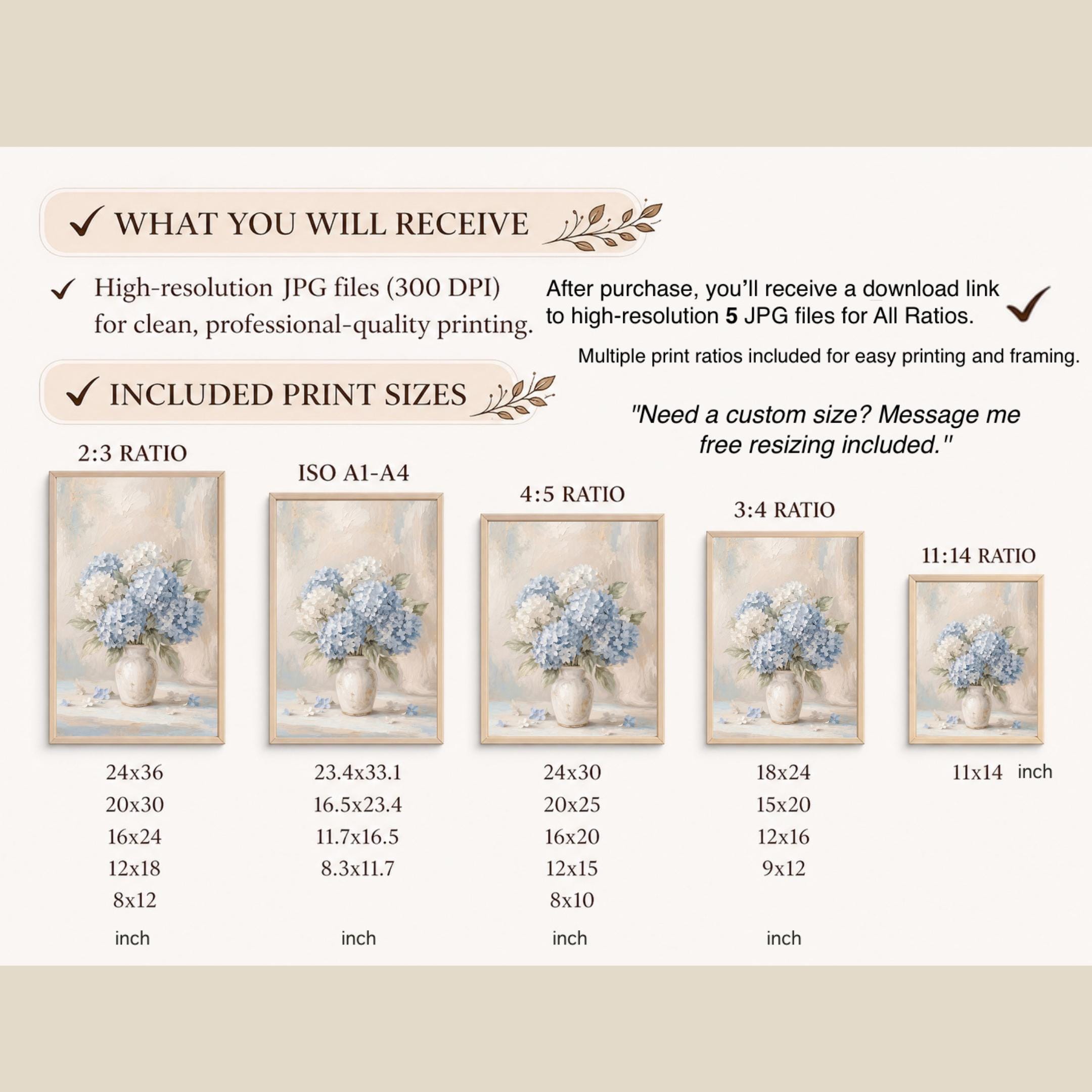 Blue Hydrangea Wall Art Printable, Neutral Floral Prints (Digital Download) — image 10