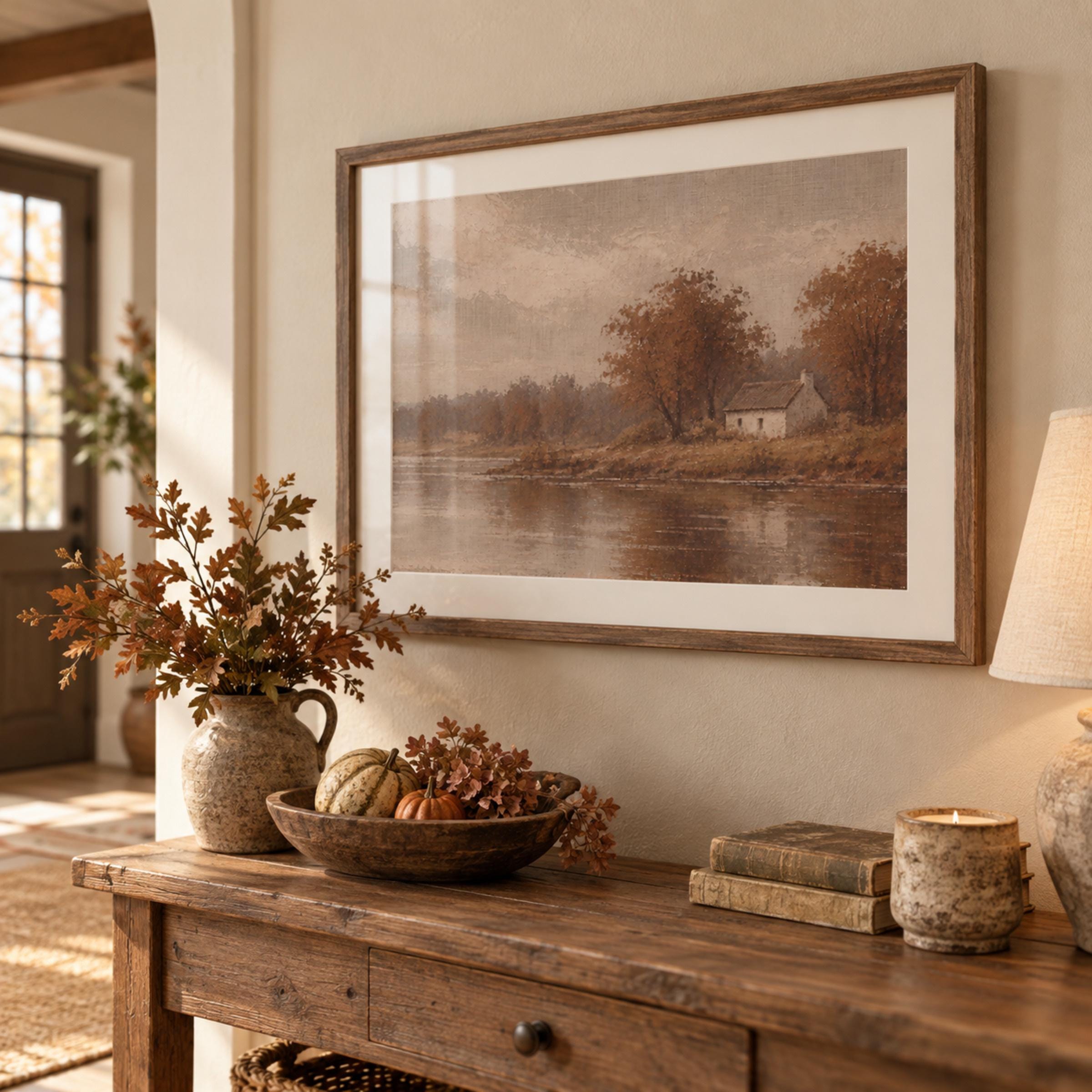 Autumn Cottage Lake Printable Wall Art, Moody Brown Landscape, Rustic Decor Digital Download — image 3