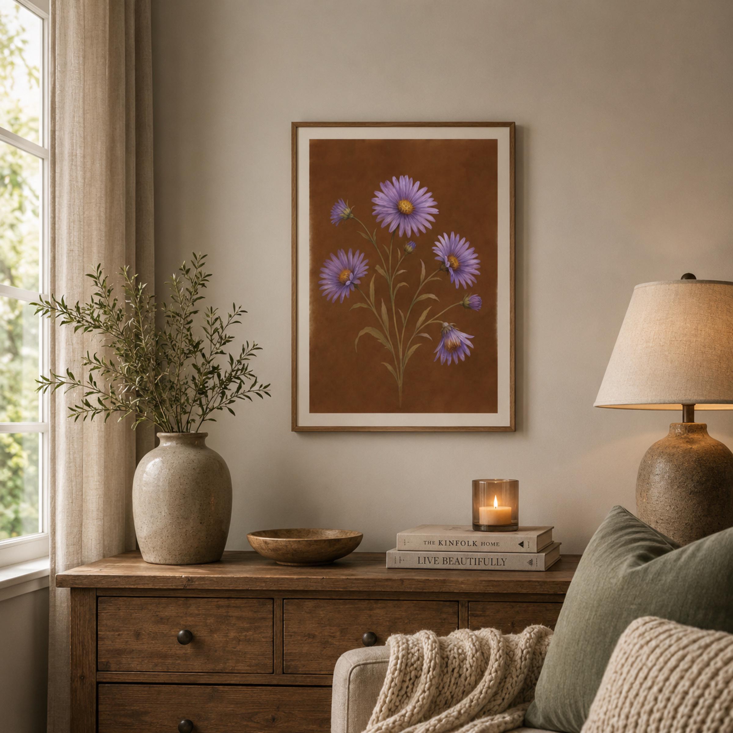Moody September Birth Flower Print | Aster Wall Art | Vintage Botanical Digital Download — image 4