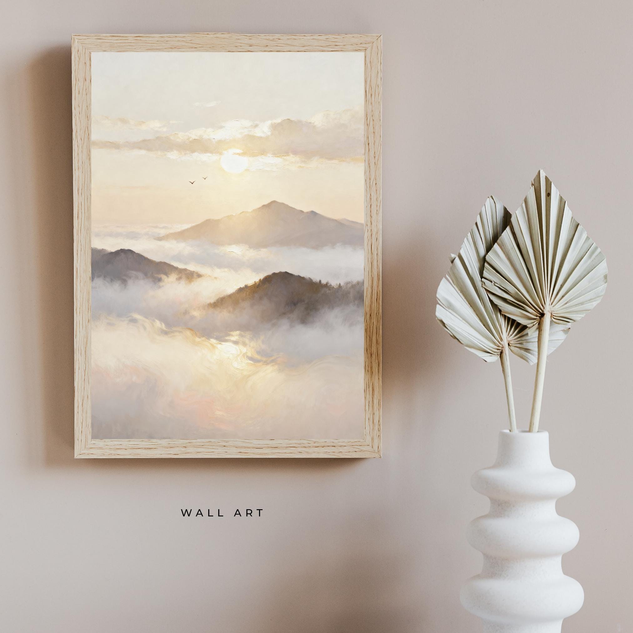 Sunset Mountain Printable Wall Art, Neutral Misty Landscape Painting, Serene Bedroom Decor Digital Download — image 6