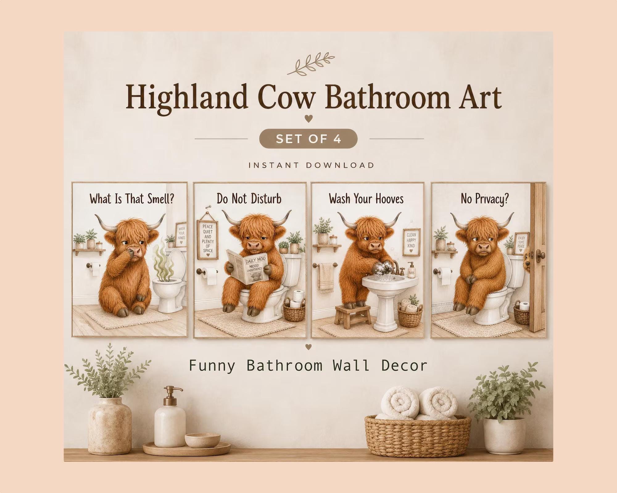 Highland Cow Boy Bathroom Prints Set of 4, Rustic Farmhouse Toilet Decor Digital Download