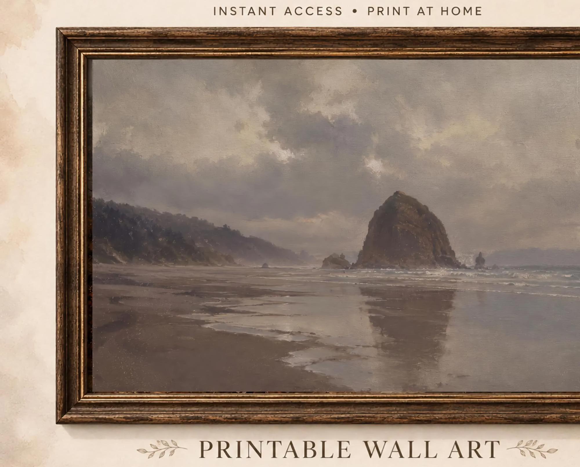 Coastal Landscape Wall Art | Cannon Beach Inspired Print | Moody Vintage Seascape Digital Download — image 2