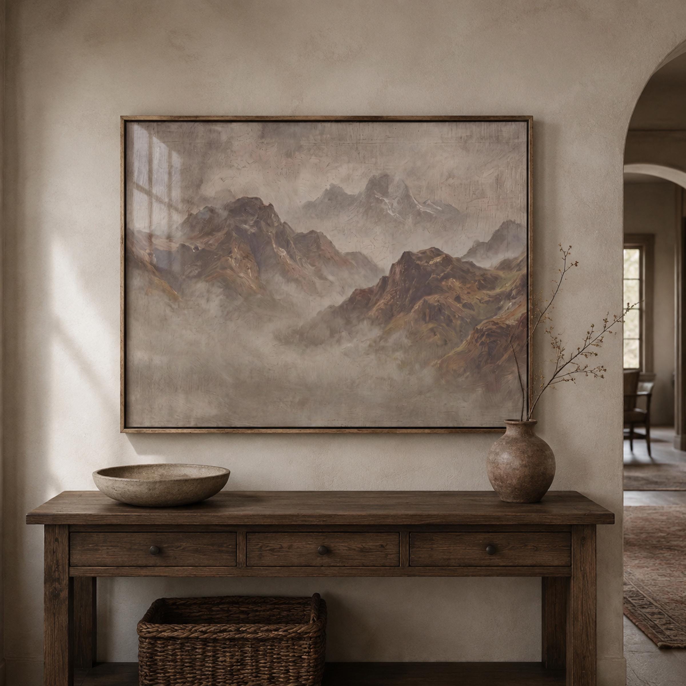 Vintage Misty Mountain Wall Art, Neutral Alpine Landscape, Earthy Rustic Cabin Decor, Digital Download — image 6