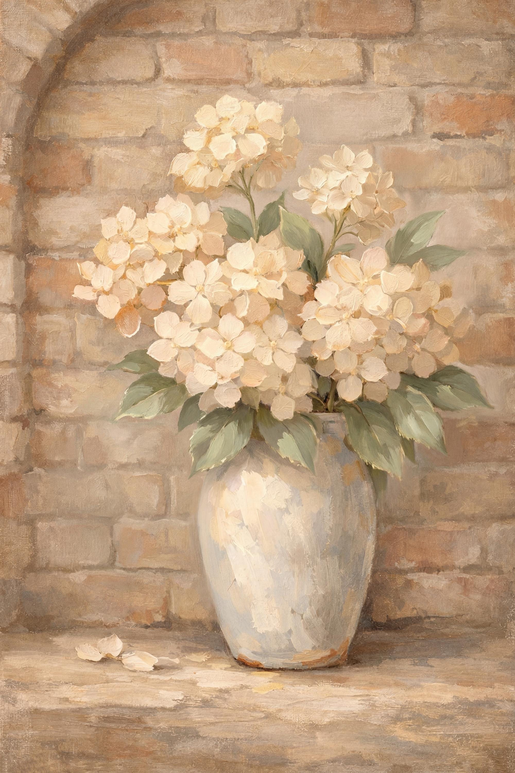 Hydrangea Vase Painting, Neutral Farmhouse Floral Decor, Rustic Brick Botanical Print (Digital Download) — image 2
