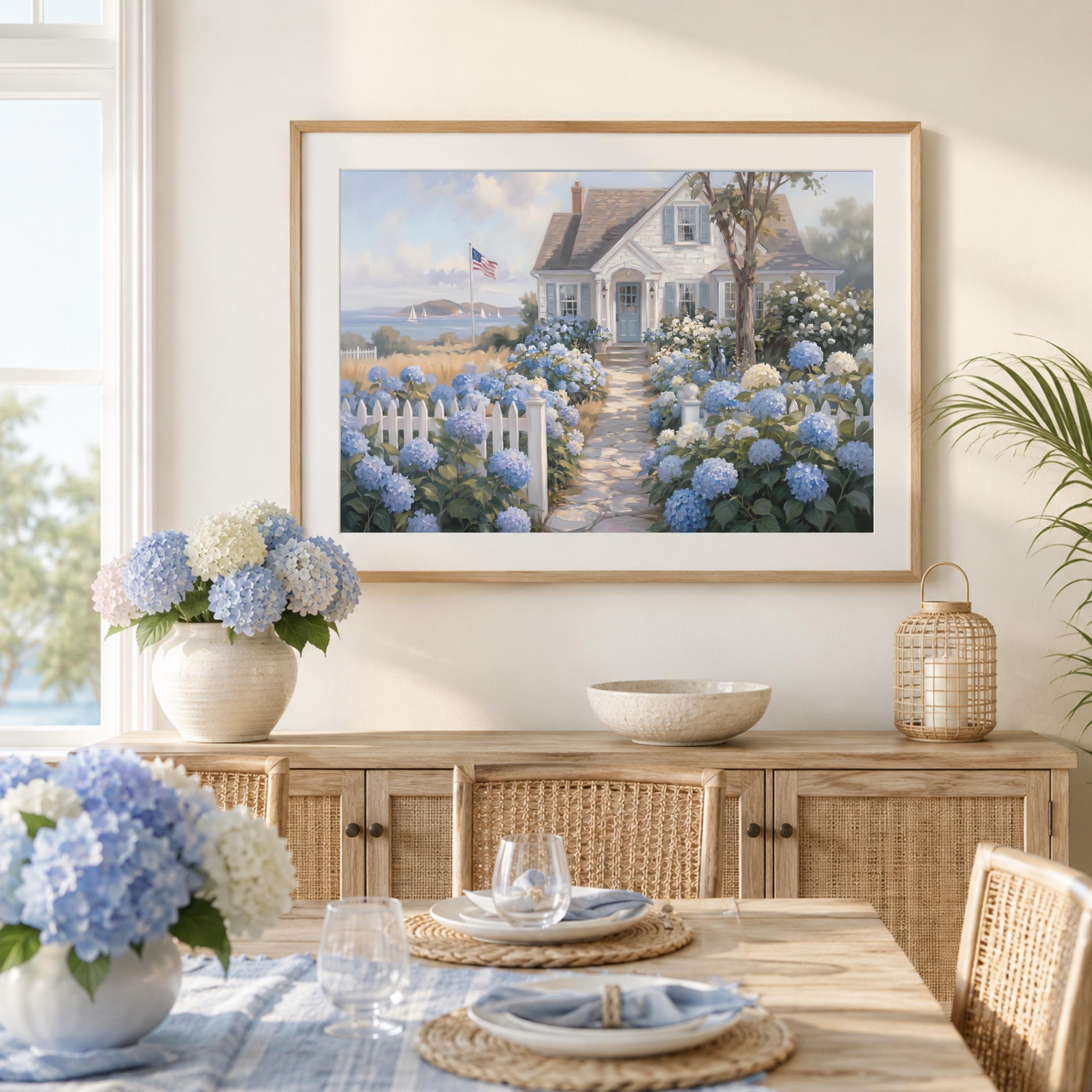 Patriotic Coastal Hydrangea Cottage Printable Wall Art, American Flag Beach Home Decor Digital Download — image 7