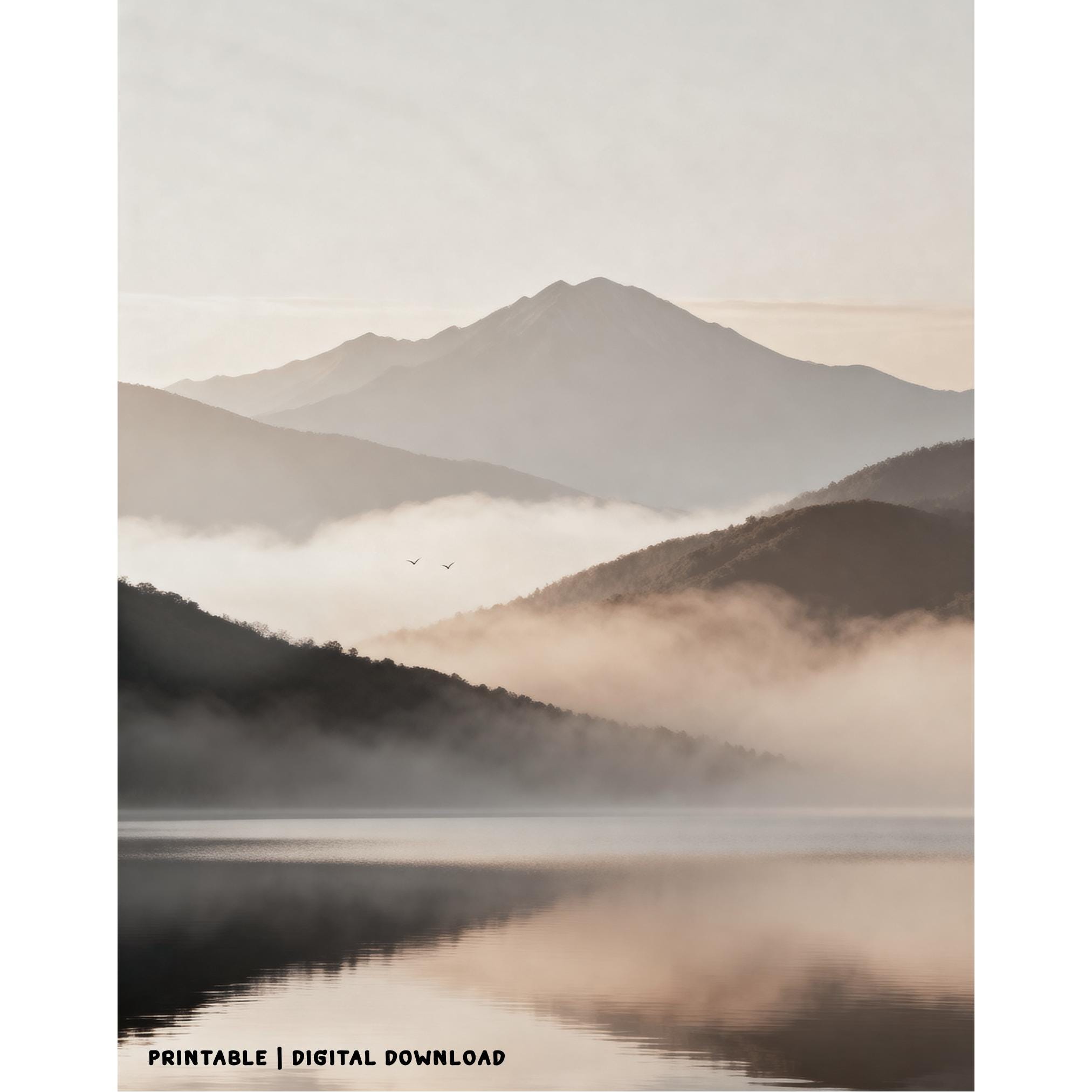 Misty Mountain Lake Printable Wall Art, Neutral Landscape Print, Serene Bedroom Decor Digital Download — image 4