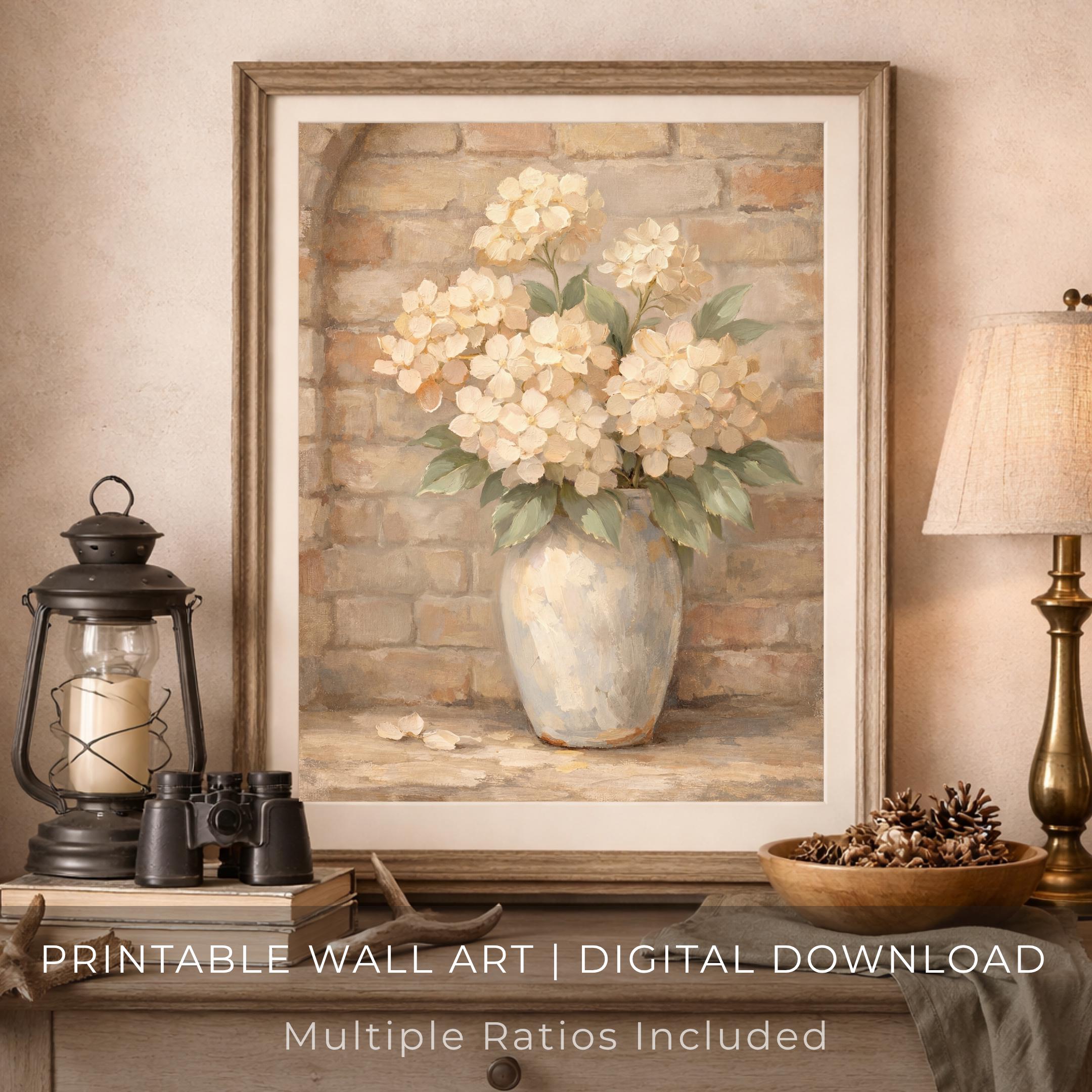 Hydrangea Vase Painting, Neutral Farmhouse Floral Decor, Rustic Brick Botanical Print (Digital Download) — image 6