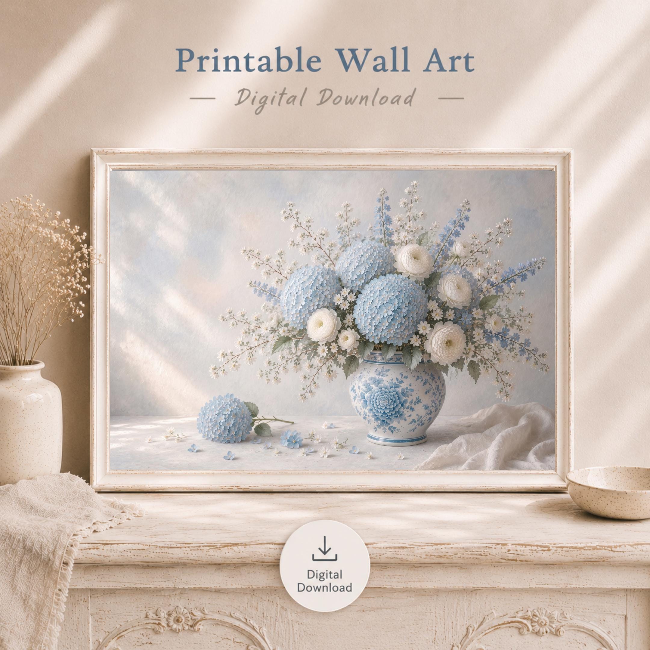 Blue Hydrangeas & Chinoiserie Vases — Set of 3 — image 7