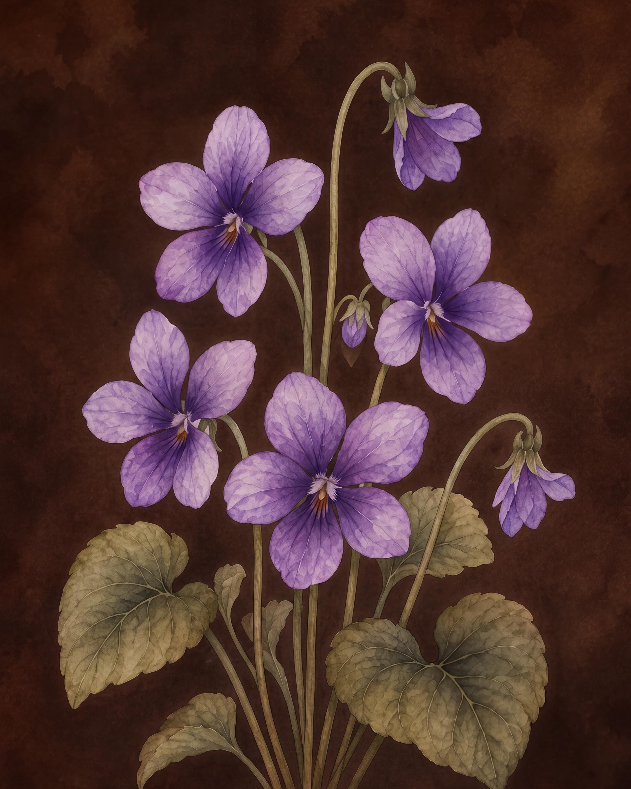 Moody February Birth Flower Print | Violet Wall Art | Vintage Botanical Digital Download — image 2