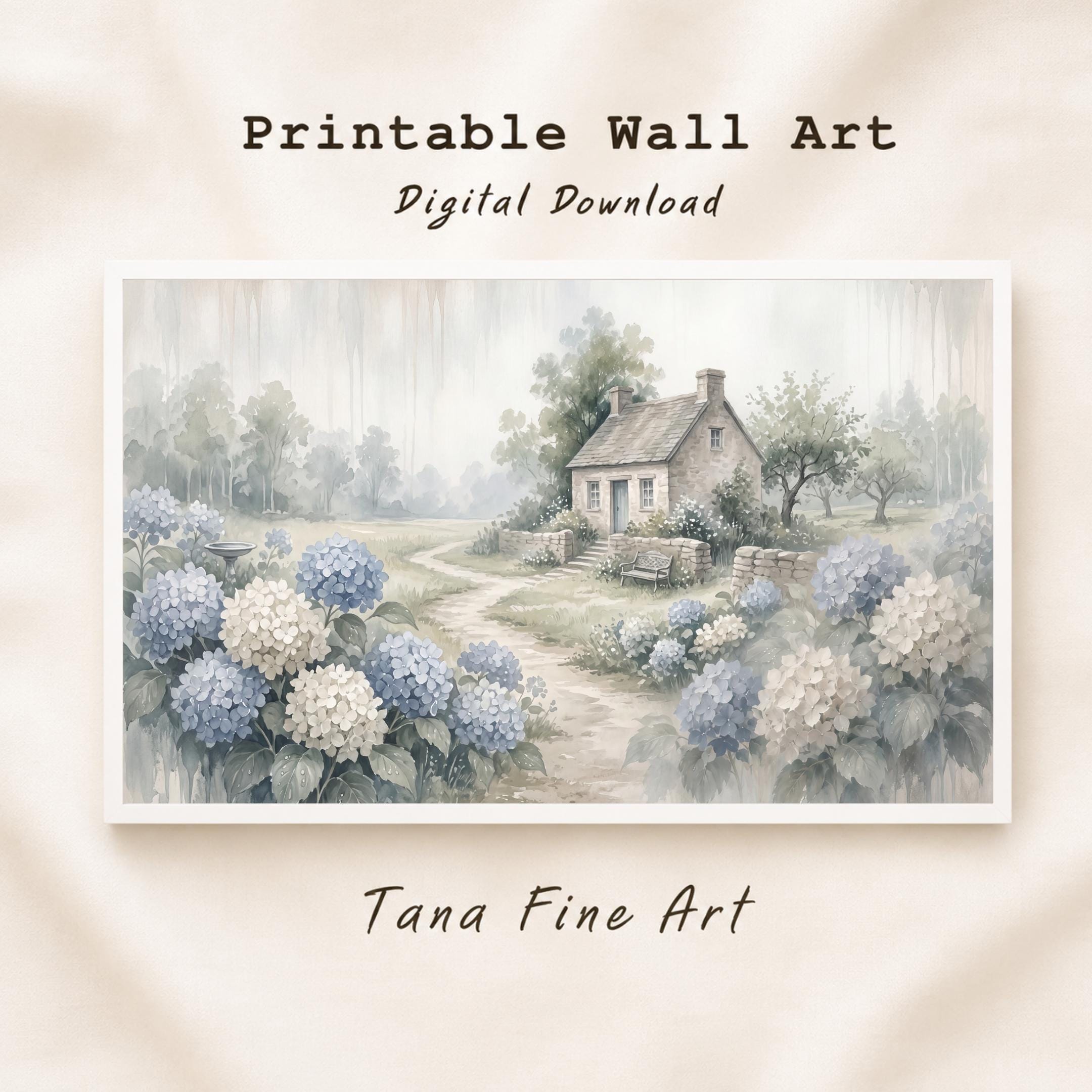 Hydrangea Cottage Garden Art Print, Misty Blue floral Landscape (Digital Download) — image 2