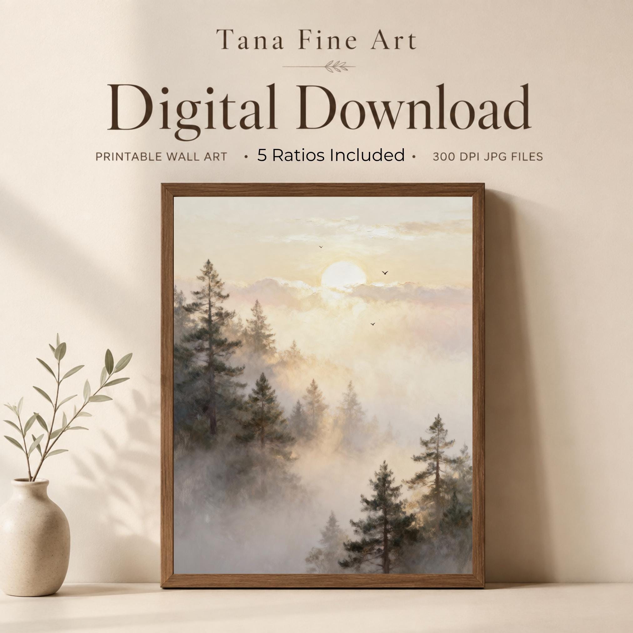 Misty Forest Printable Wall Art, Golden Sun Pine Trees, Neutral Decor Digital Download