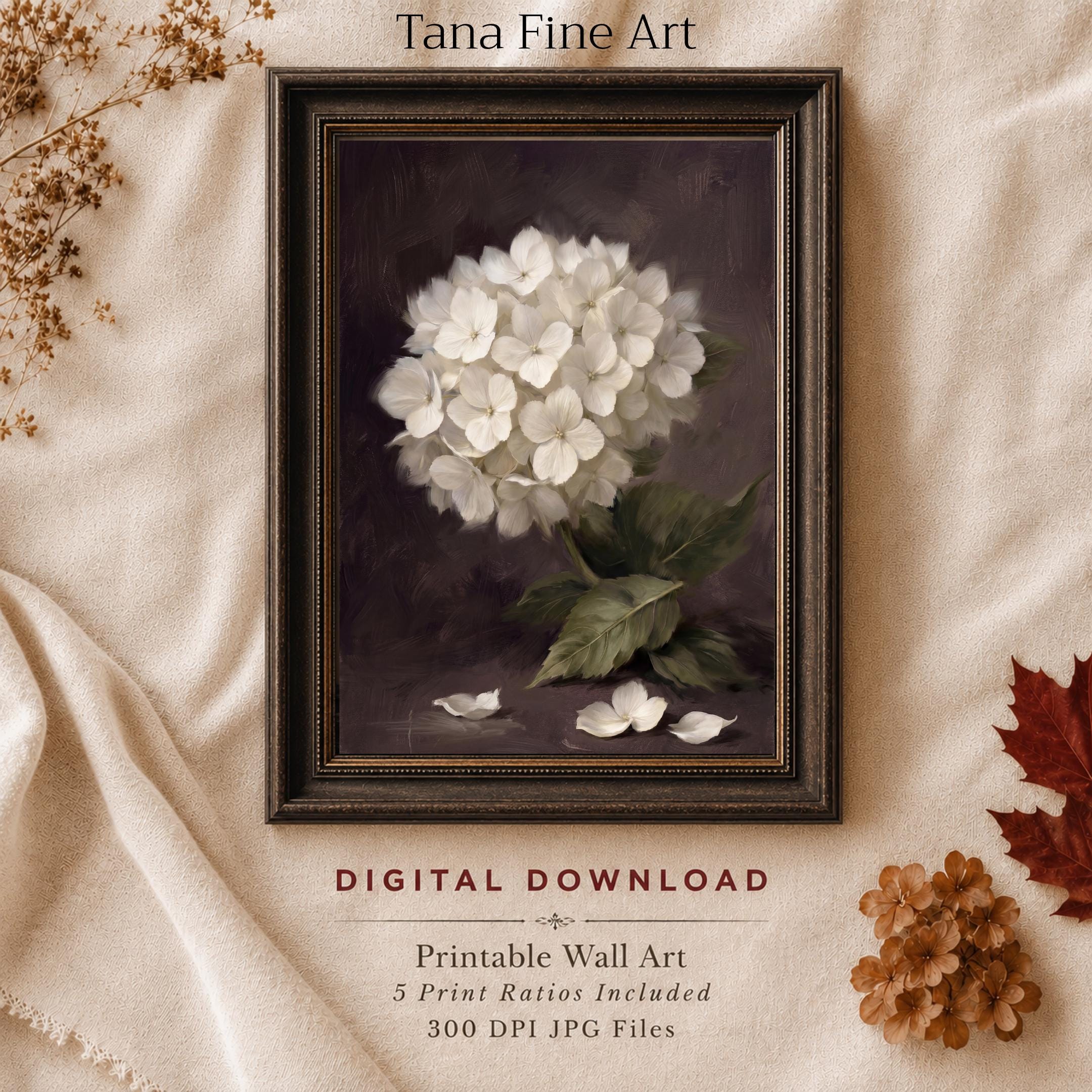 Moody Hydrangea Wall Art, White Floral Botanical Print, Dark Vintage Flower Decor (Digital Download)