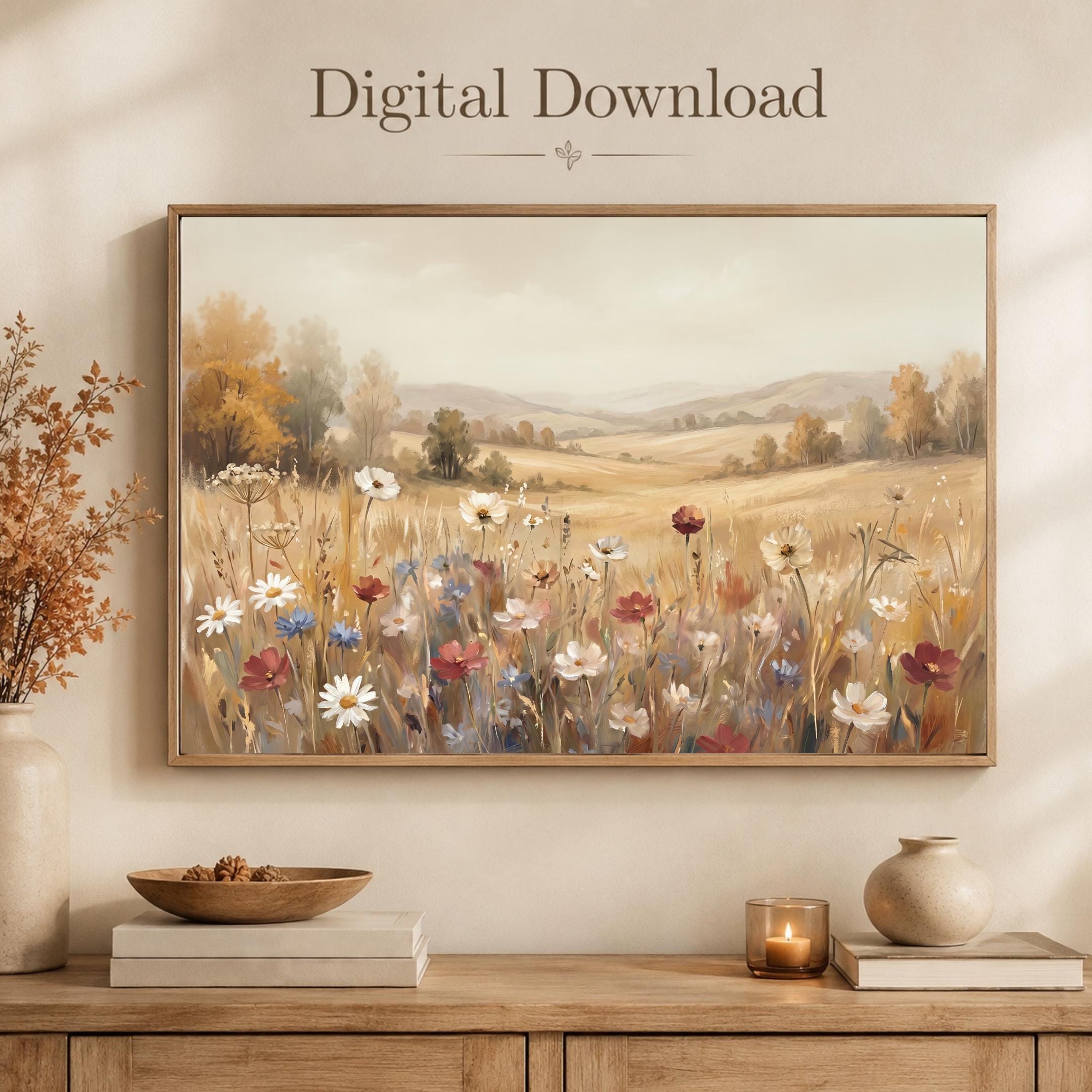 Neutral Floral Print, Wildflower Meadow Landscape Wall Art, Soft Cottage Nature Prints (Digital Download) — image 3