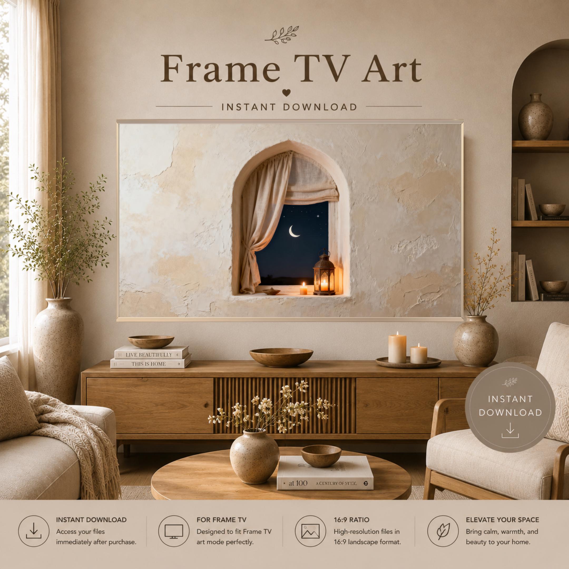 Islamic Crescent Moon Lantern Frame TV Art | Neutral Plaster Texture | Digital Download — image 2