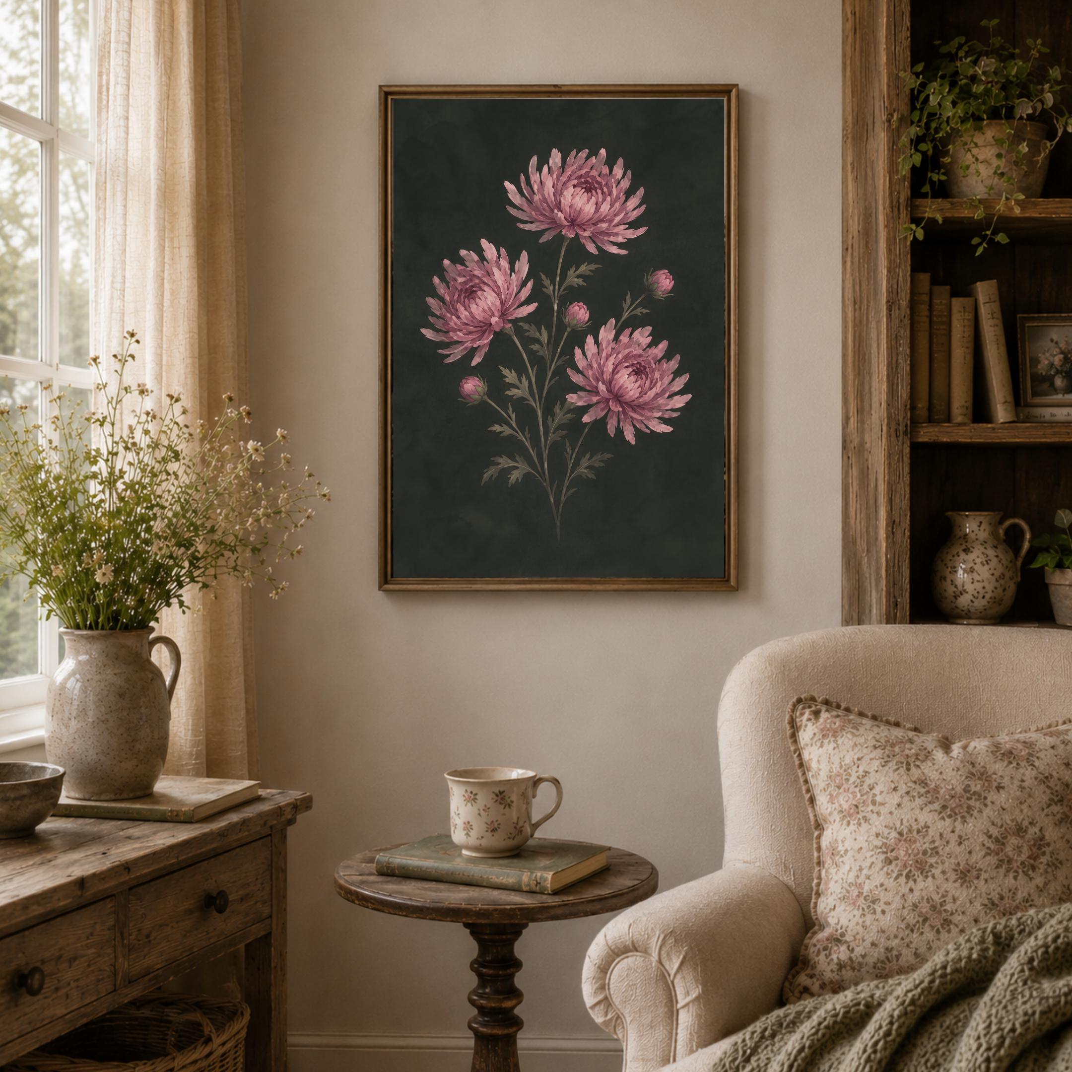 Moody November Birth Flower Print | Chrysanthemum Wall Art | Dark Botanical Digital Download — image 5