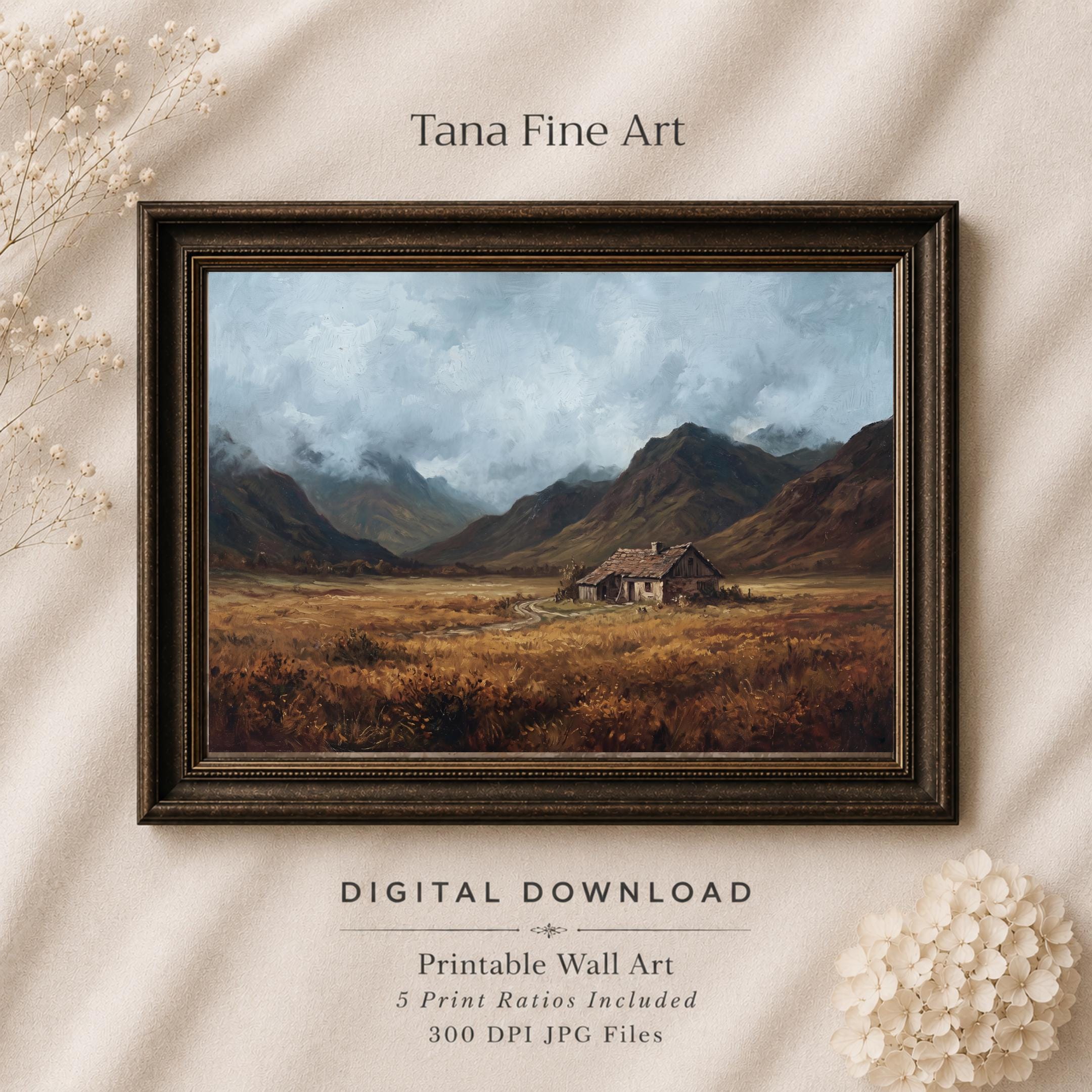 Rustic Mountain Cottage Printable Wall Art, Moody Autumn Valley Landscape, Rustic Cabin Digital Download